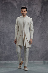 Ivory Silk Indowestern With Resham & Sequin Work