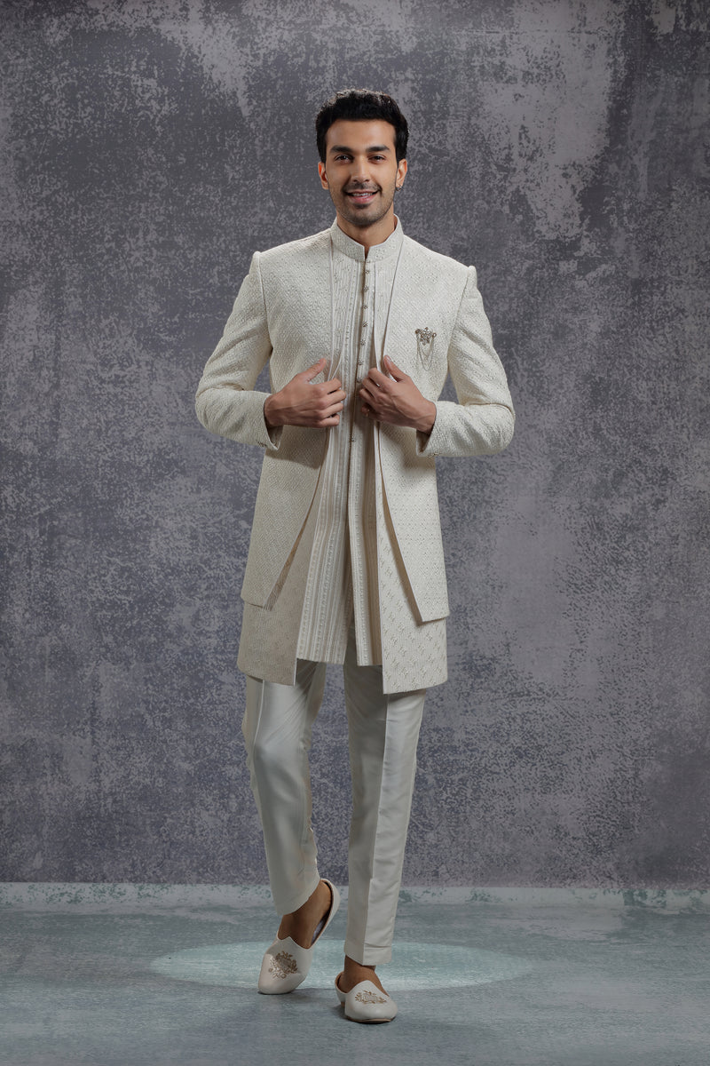 Ivory Silk Indowestern With Resham & Sequin Work