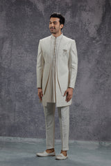 Ivory Silk Indowestern With Resham & Sequin Work