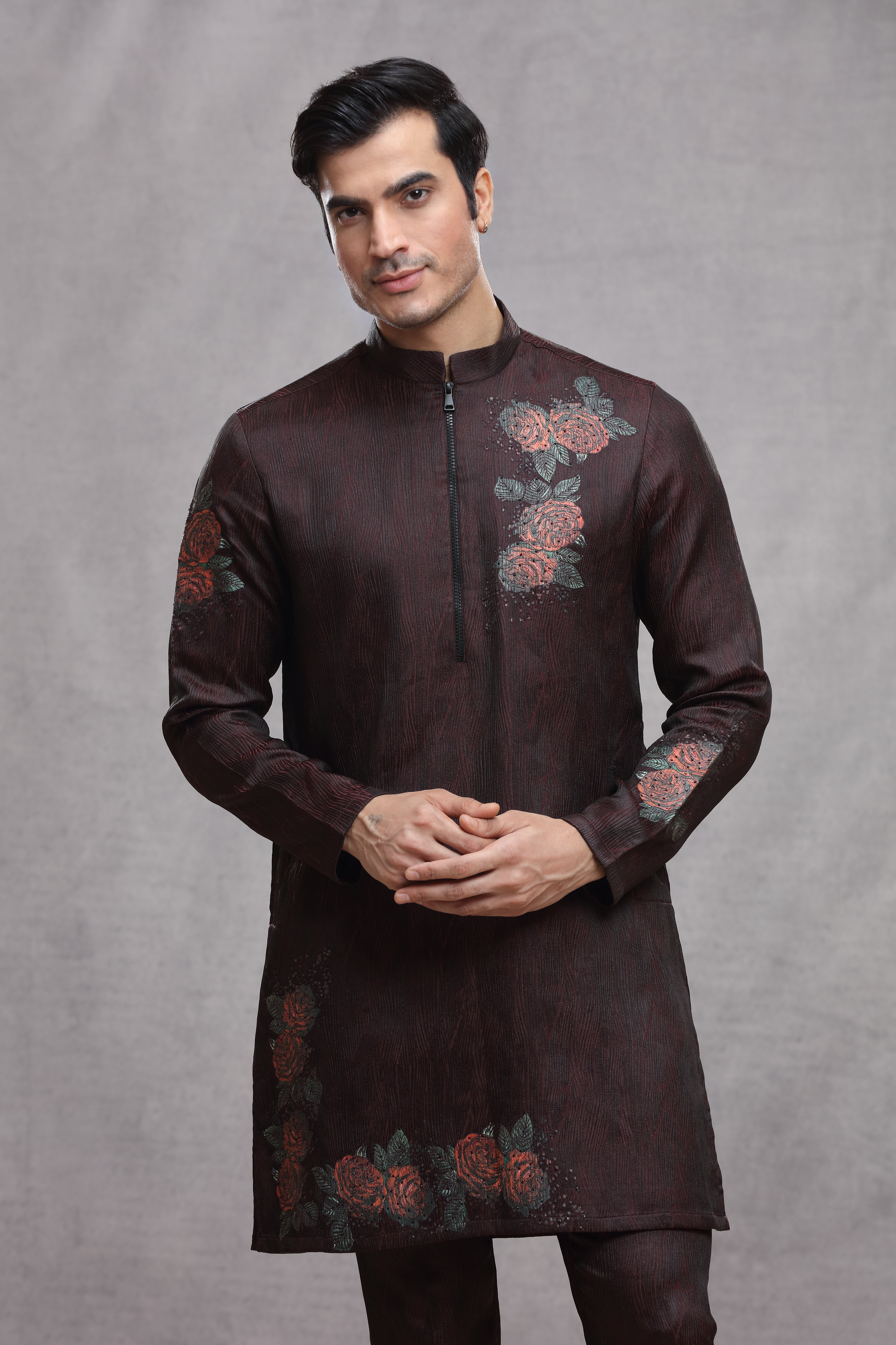 Maroon Silk Indo Western with Hand Paint & Embroidery