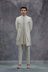 Ivory Silk Indowestern With Resham & Sequin Work