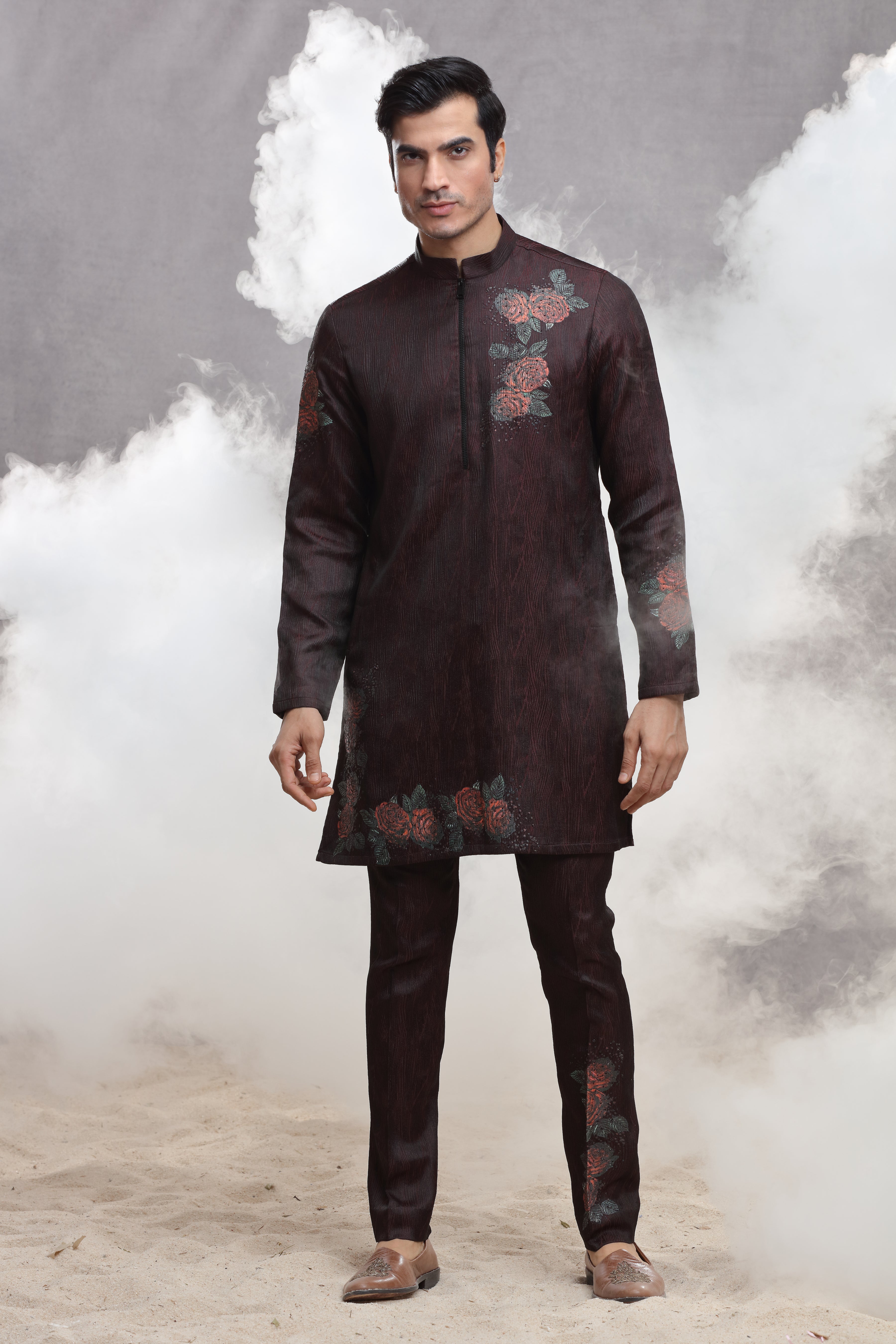 Maroon Silk Indo Western with Hand Paint & Embroidery