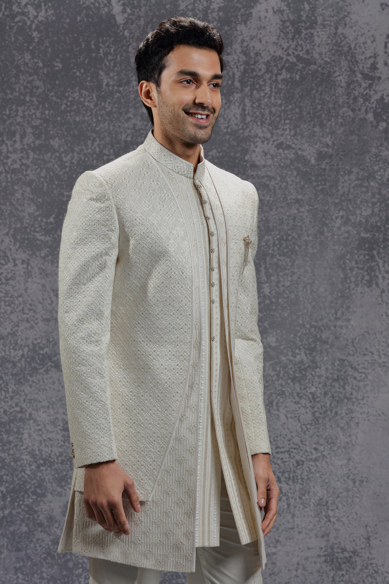 Ivory Silk Indowestern With Resham & Sequin Work