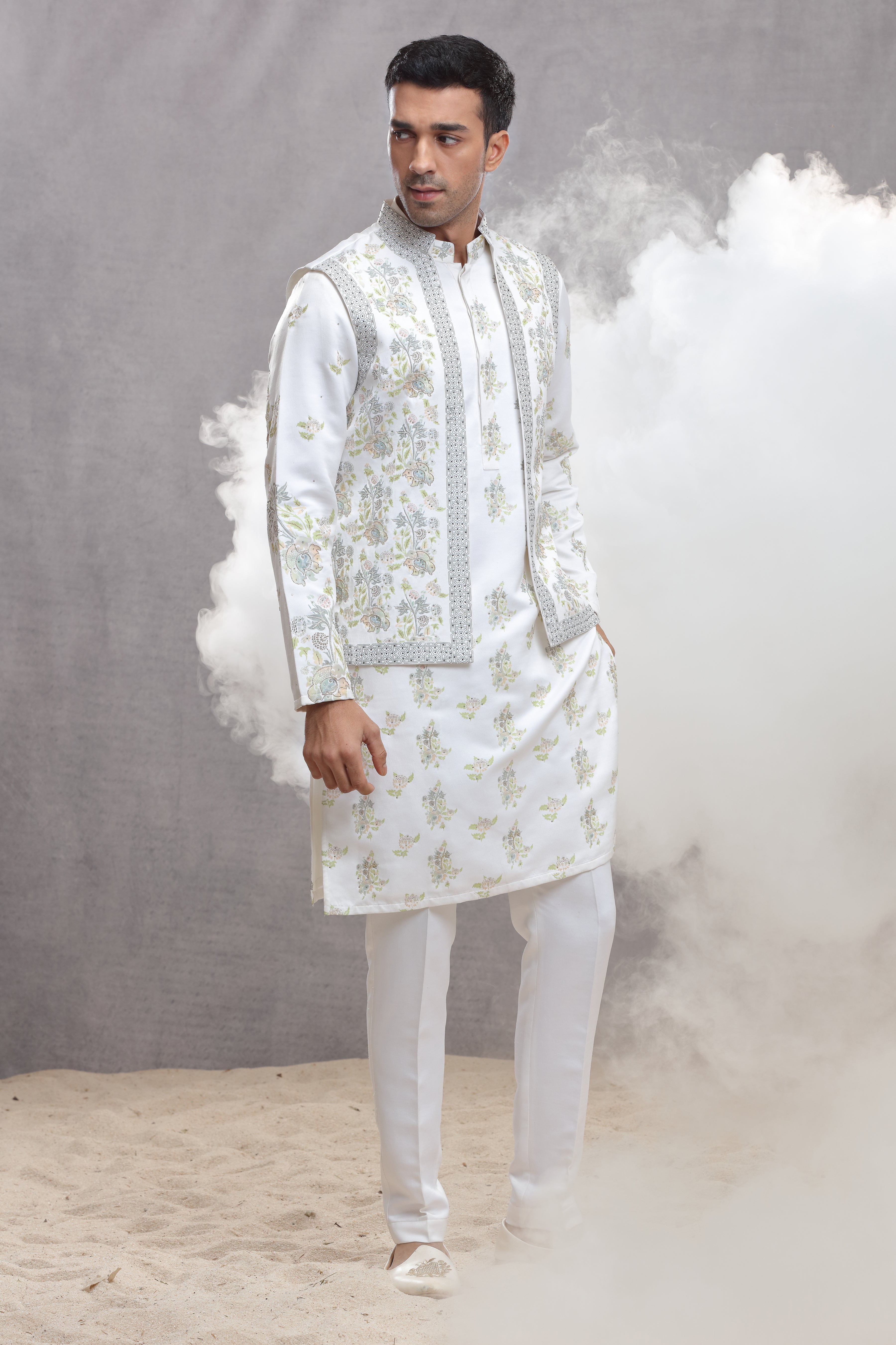 White Silk Koti & Kurta with Hand Paint & Embroidery