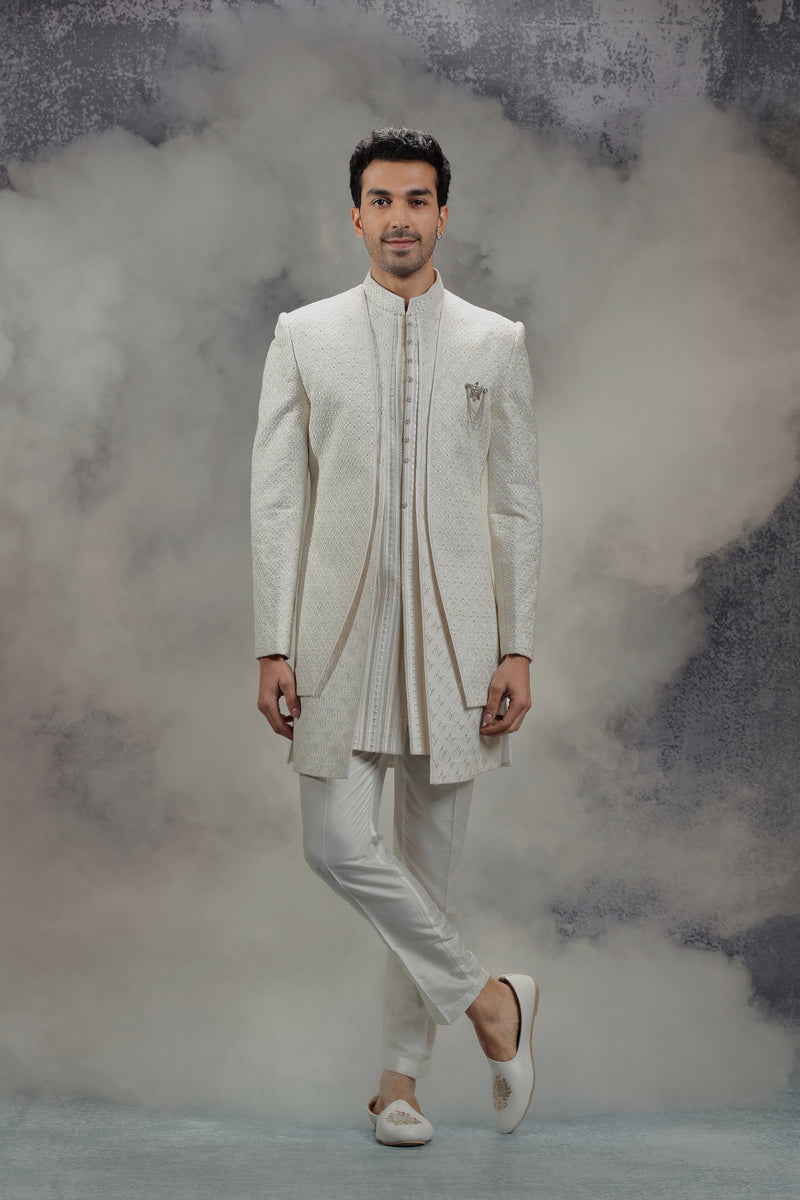 Ivory Silk Indowestern With Resham & Sequin Work