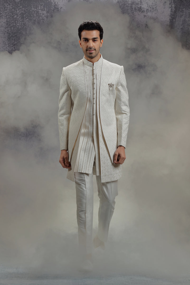 Ivory Silk Indowestern With Resham & Sequin Work