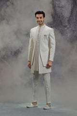 Ivory Silk Indowestern With Resham & Sequin Work