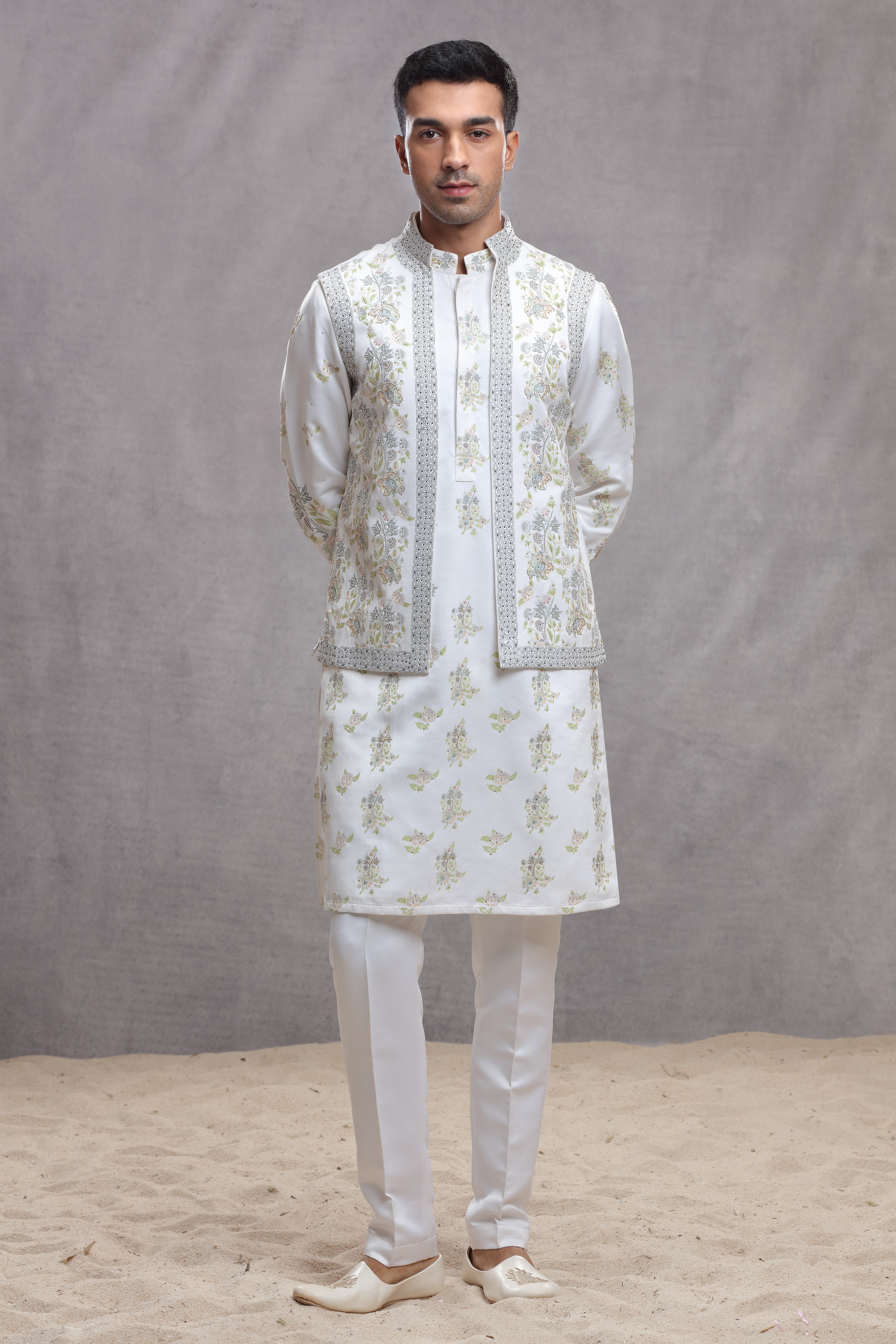 White Silk Koti & Kurta with Hand Paint & Embroidery