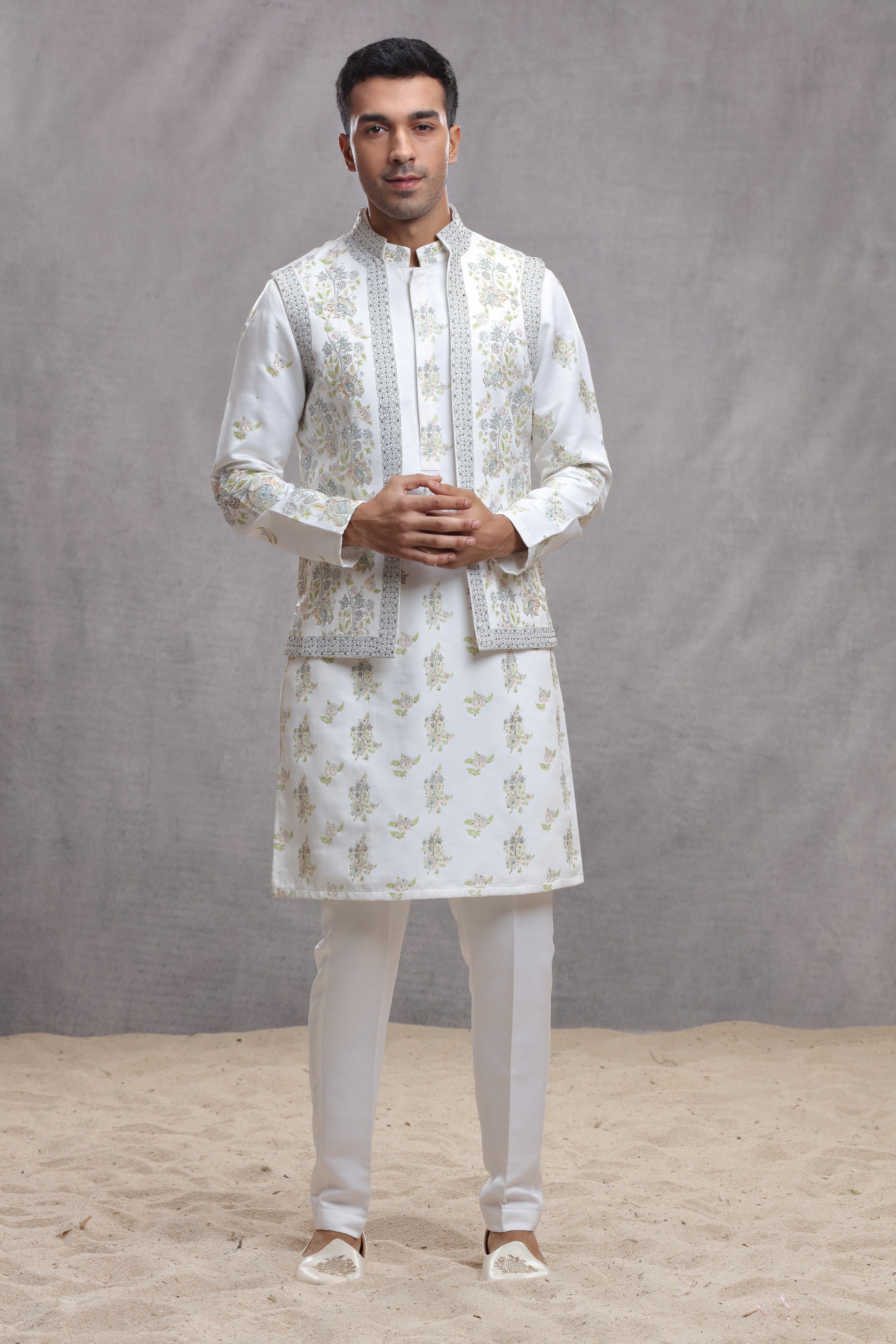 White Silk Koti & Kurta with Hand Paint & Embroidery