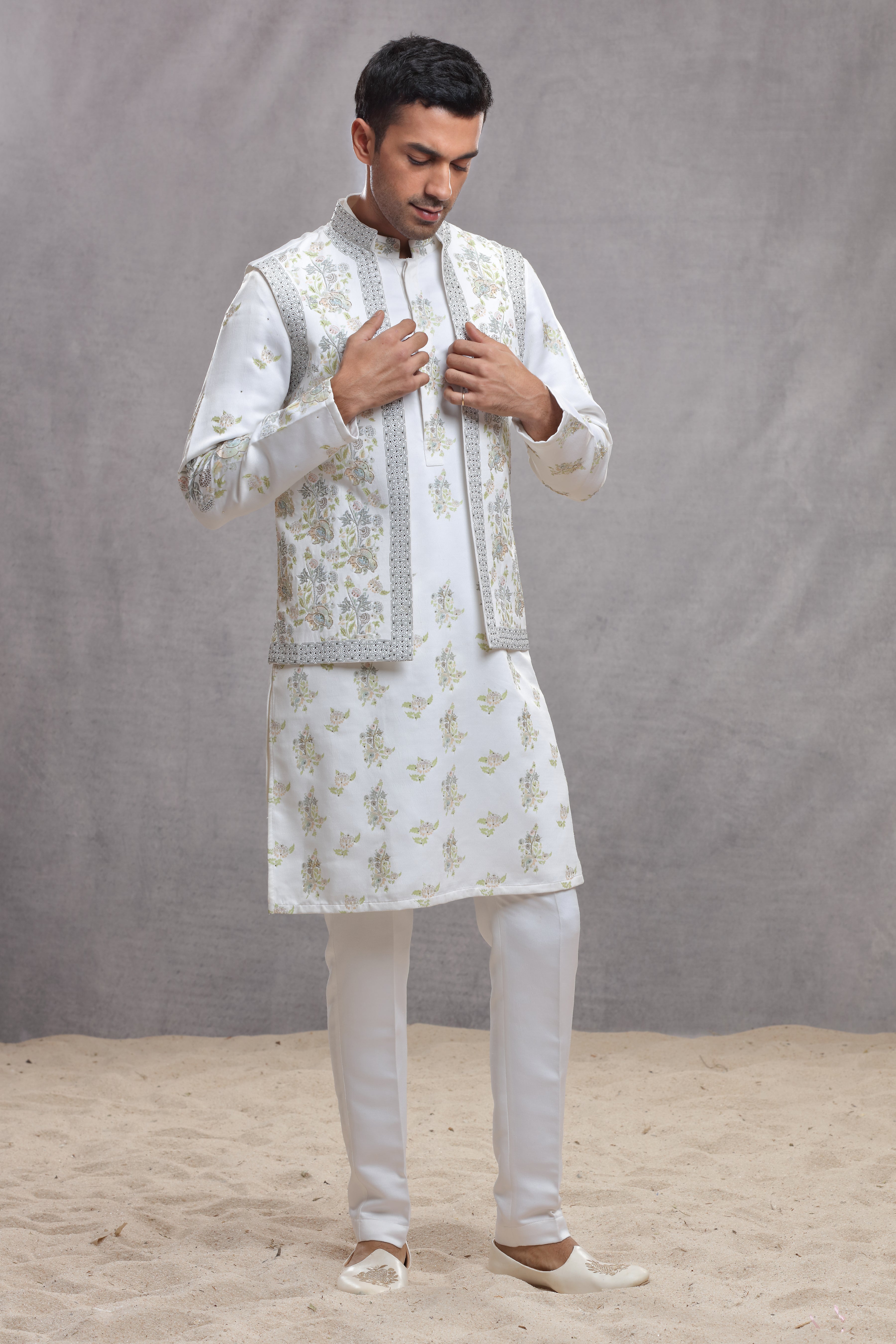 White Silk Koti & Kurta with Hand Paint & Embroidery