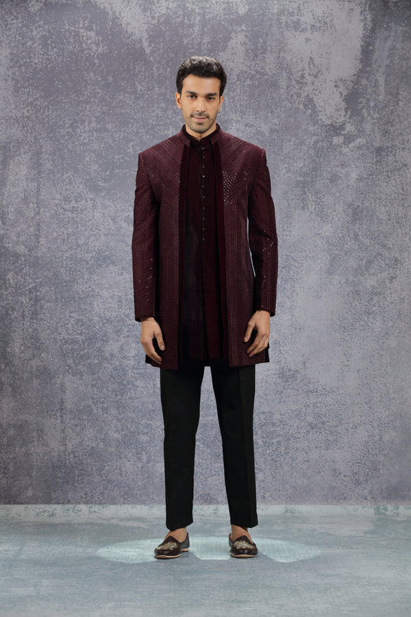 Marron Velvet Indowestern With Resham, Beads & Sequins