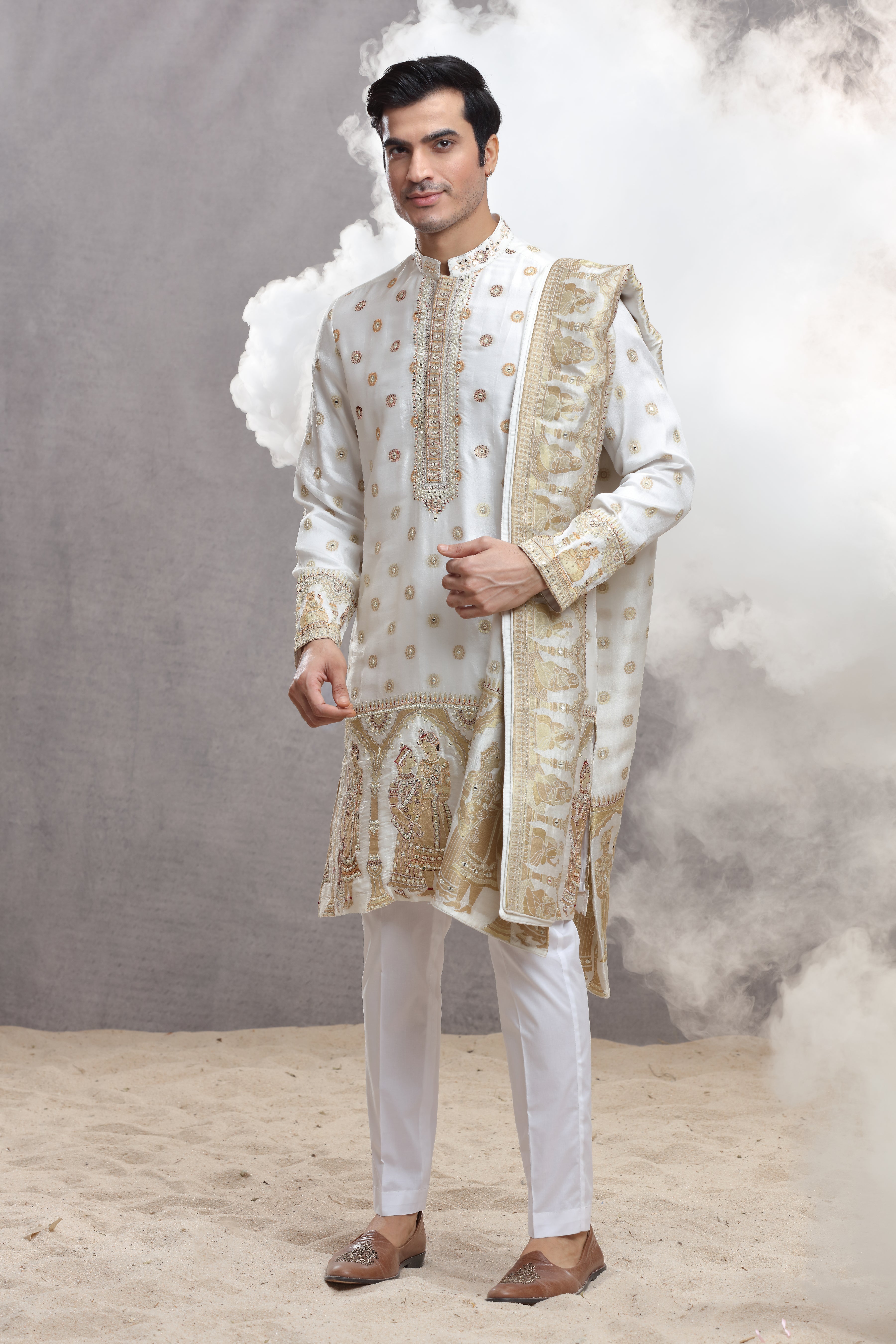 Ivory Silk Kurta with Human Figure Thread & Mirror Work