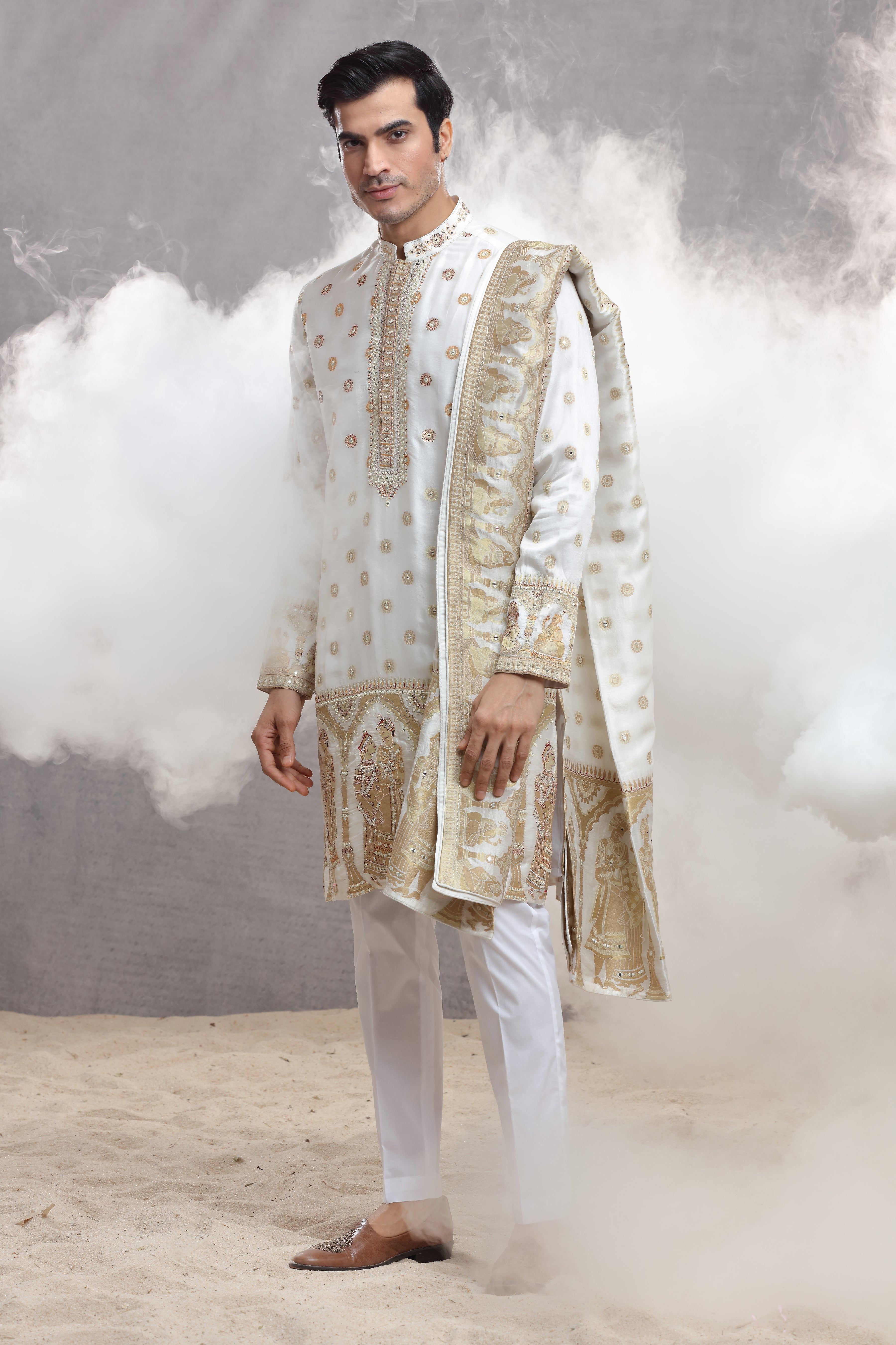 Ivory Silk Kurta with Human Figure Thread & Mirror Work