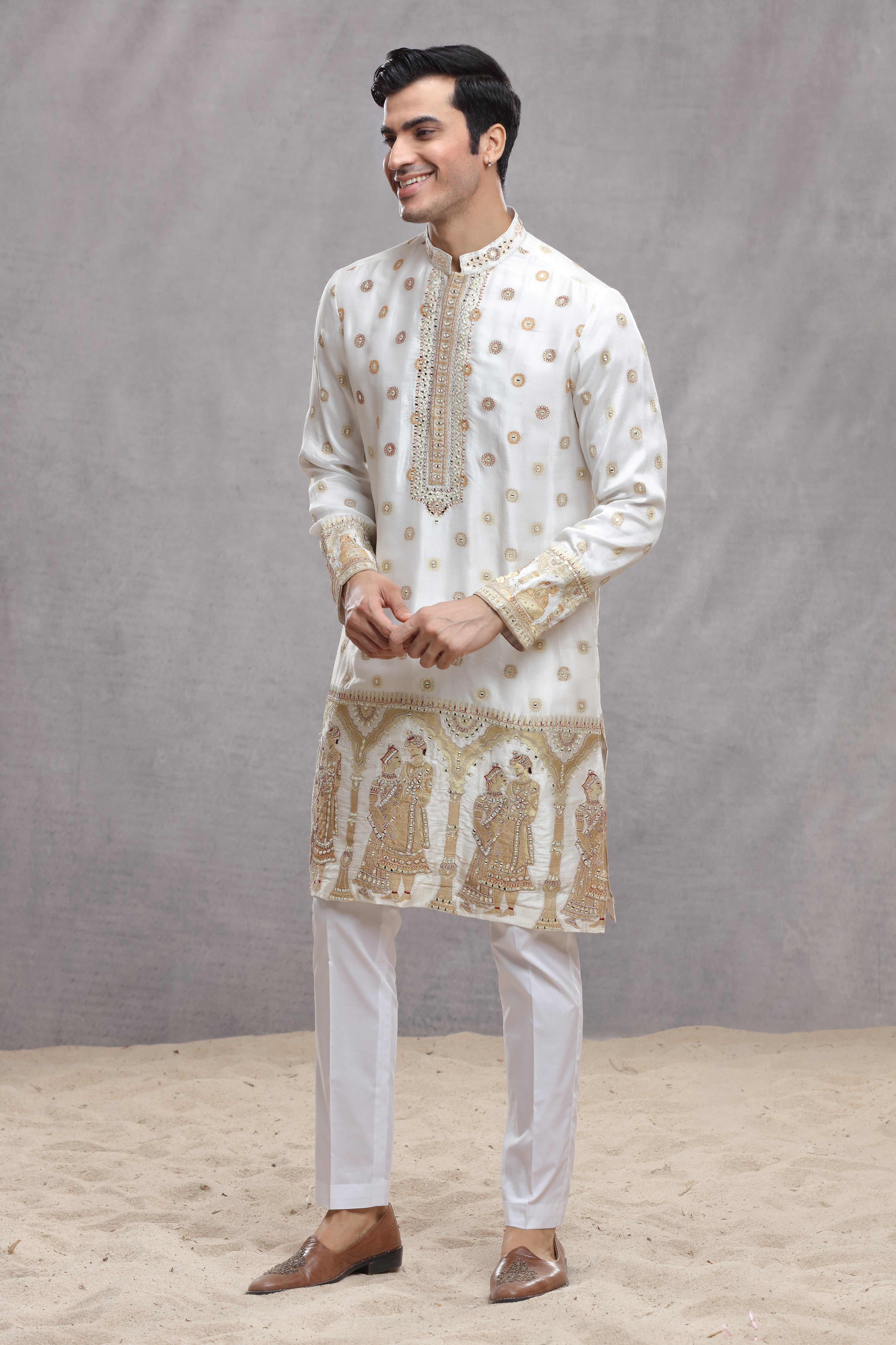 Ivory Silk Kurta with Human Figure Thread & Mirror Work