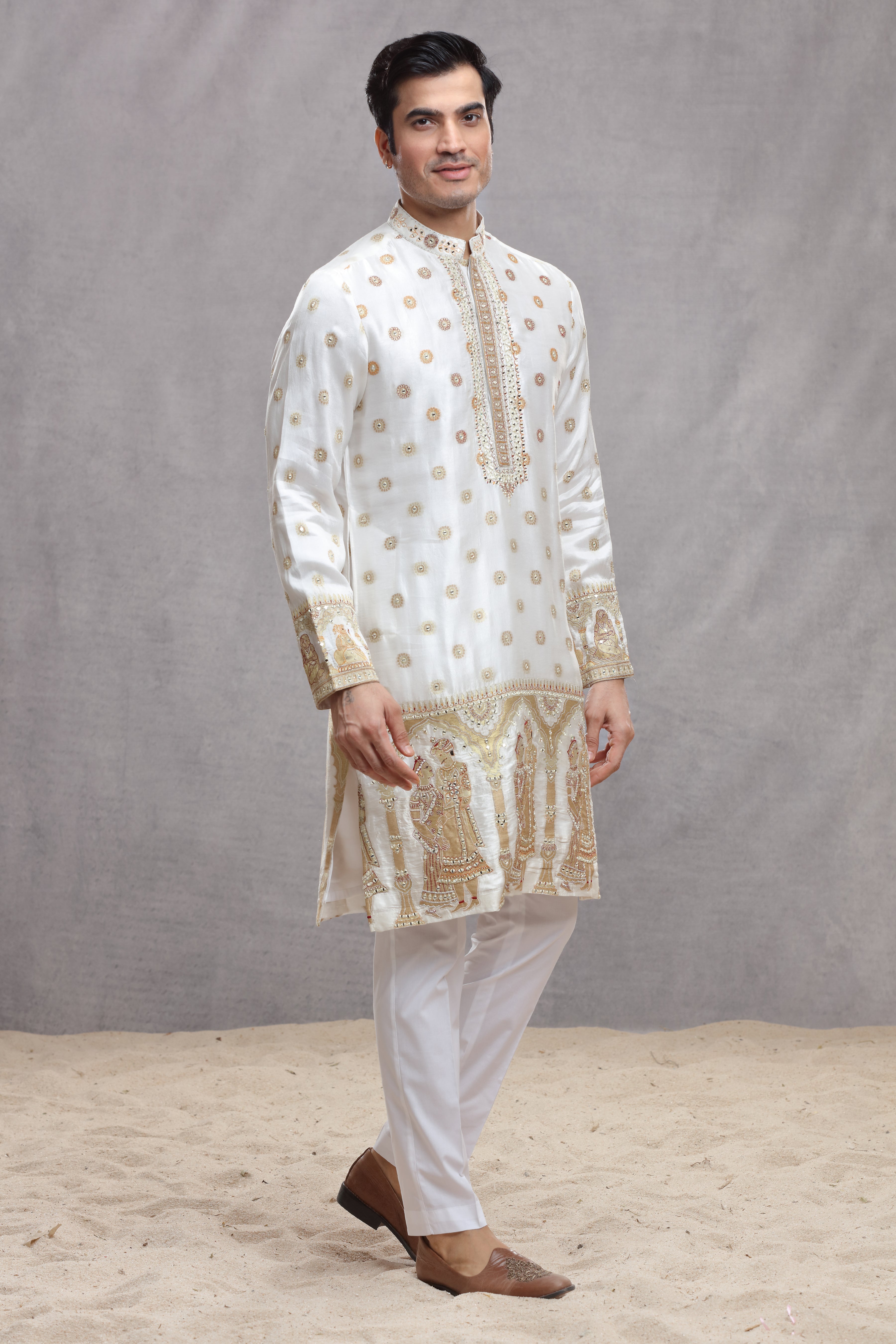 Ivory Silk Kurta with Human Figure Thread & Mirror Work