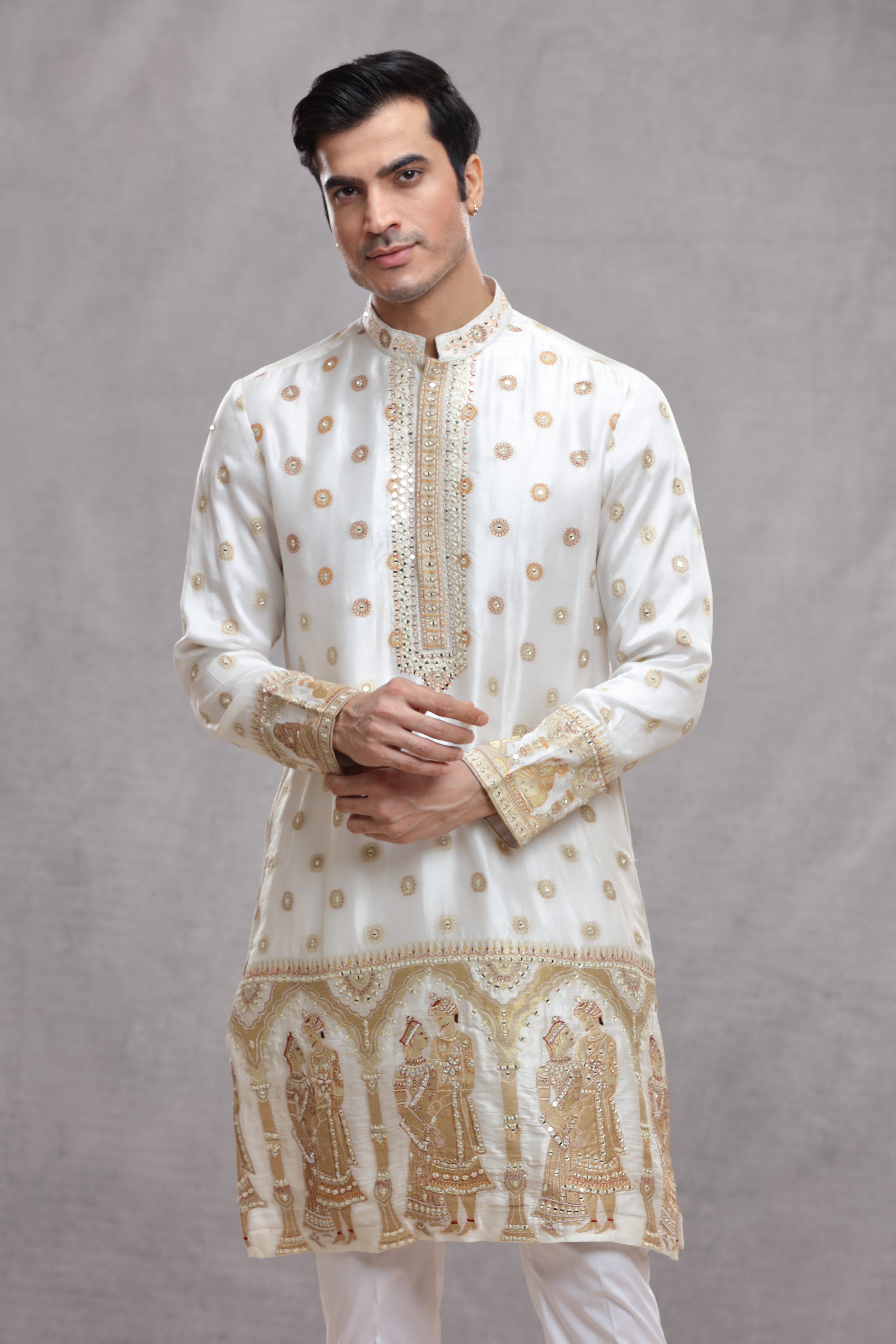 Ivory Silk Kurta with Human Figure Thread & Mirror Work