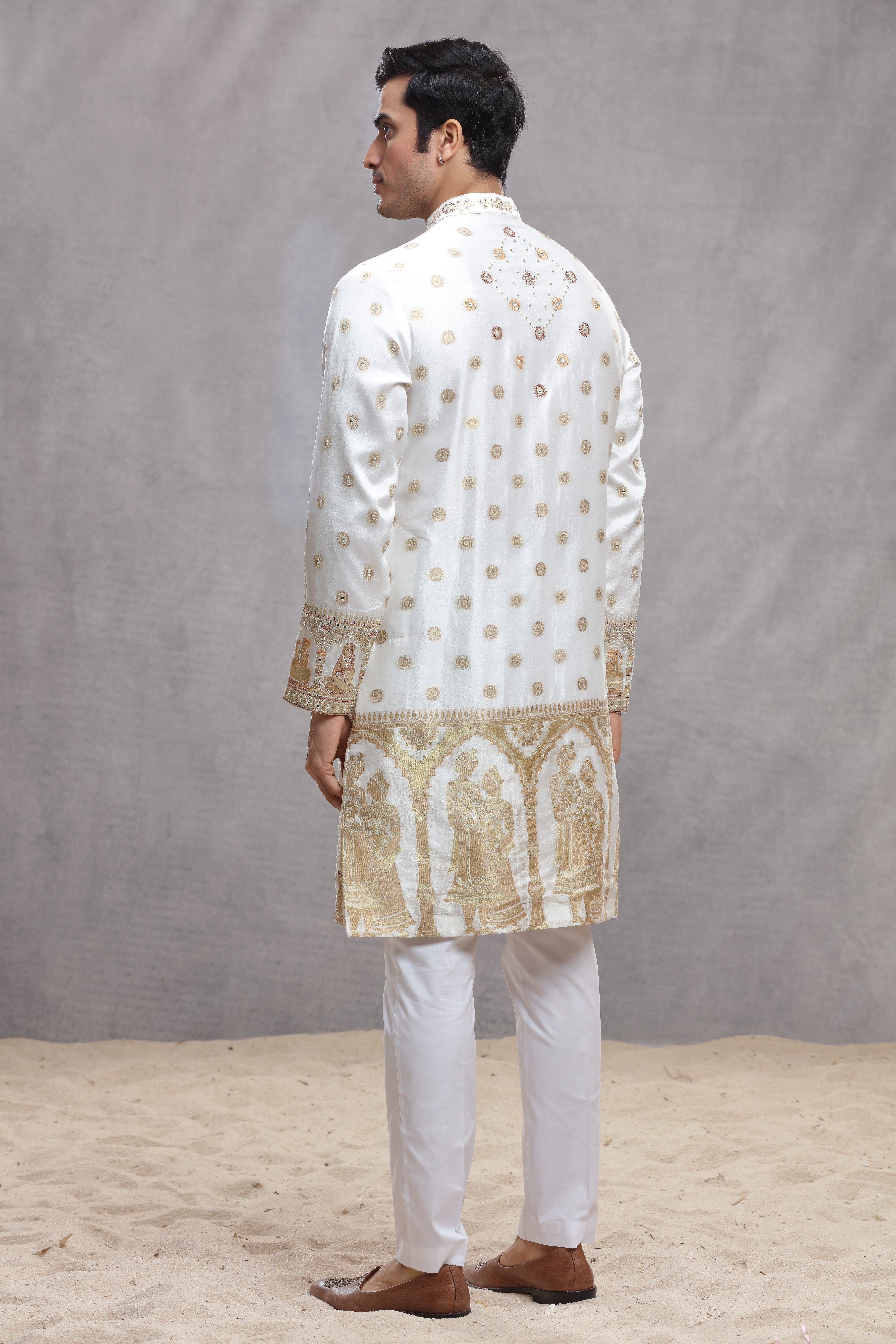 Ivory Silk Kurta with Human Figure Thread & Mirror Work