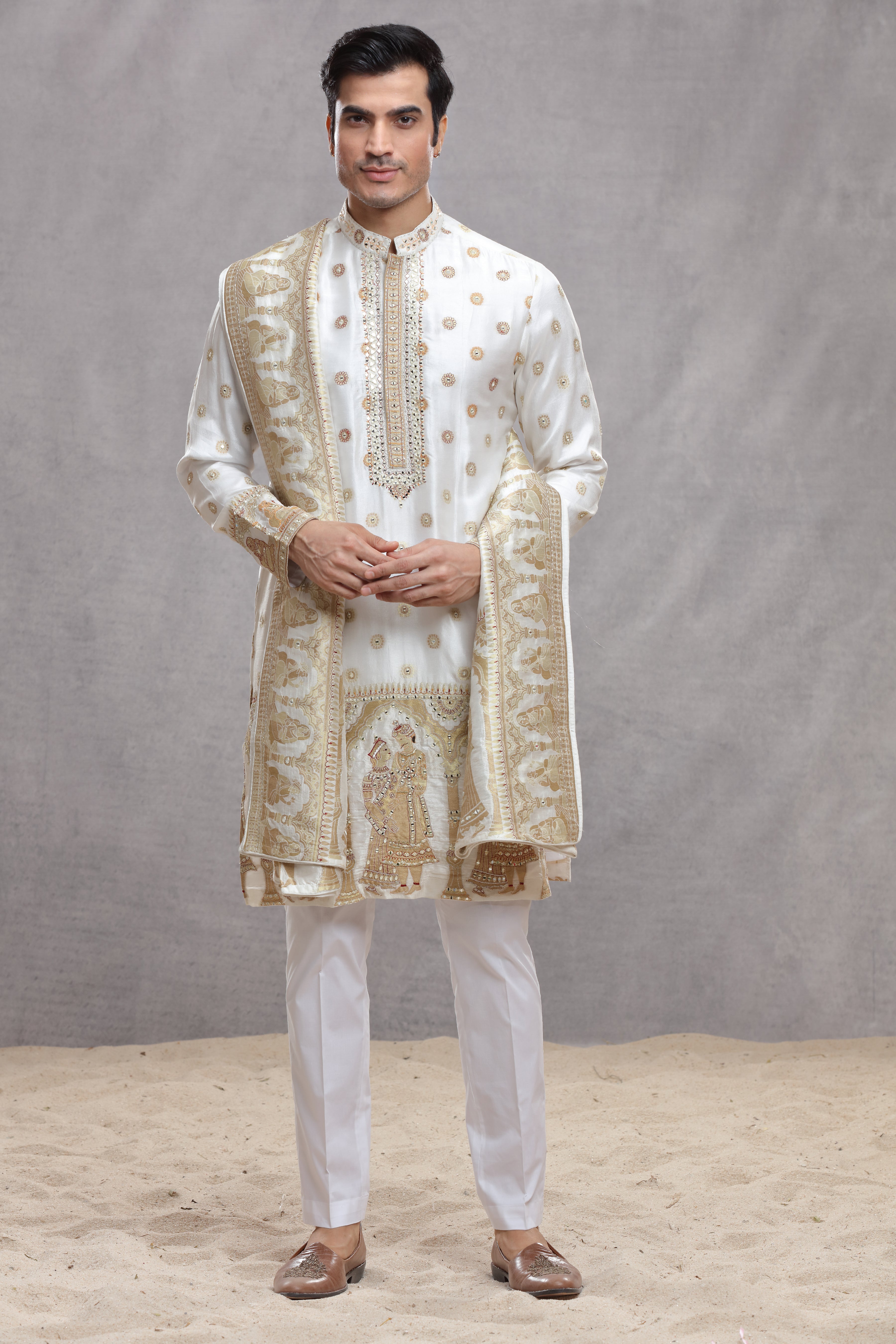 Ivory Silk Kurta with Human Figure Thread & Mirror Work