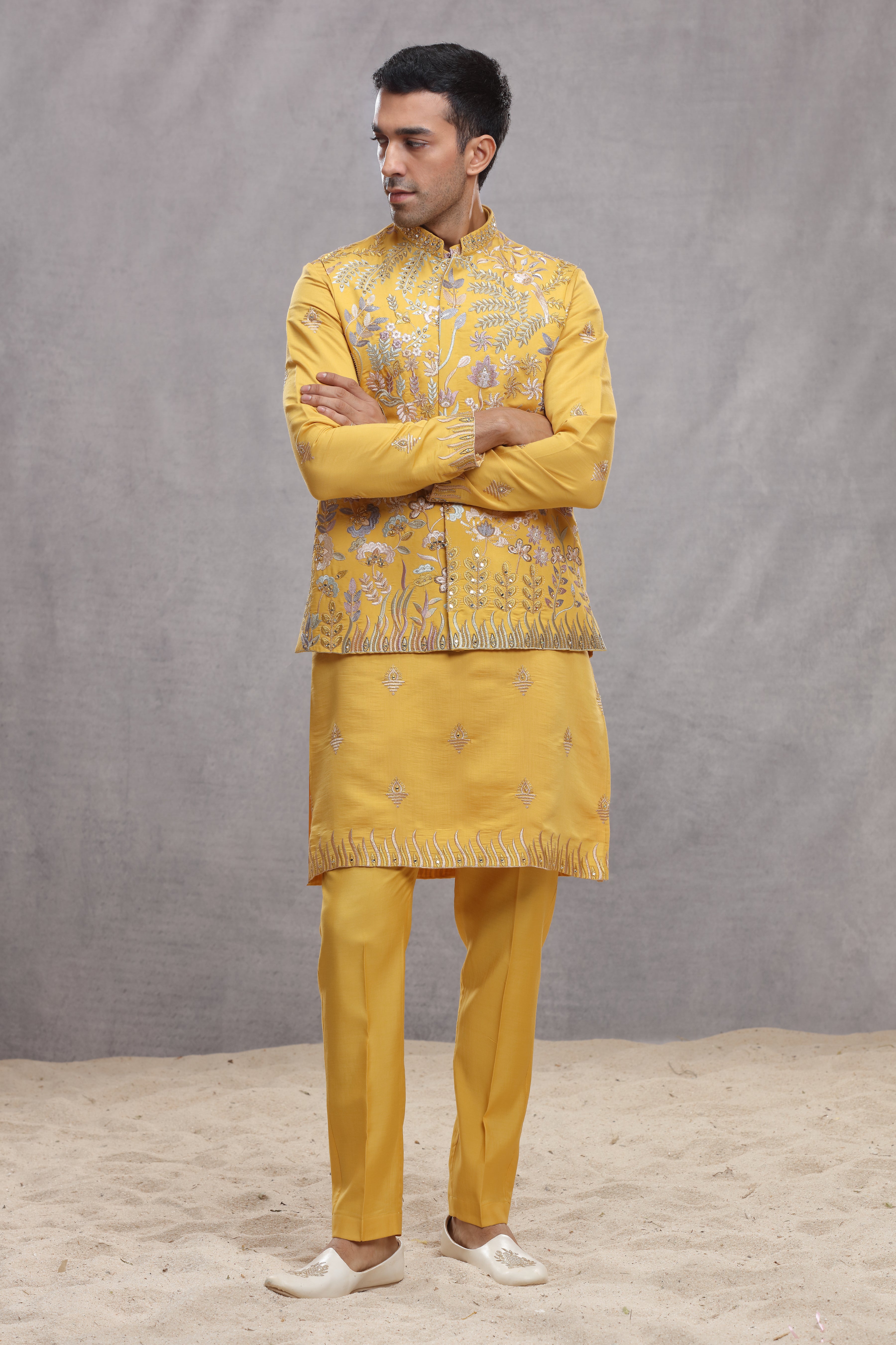 Yellow Silk Koti & Kurta with Floral Thread Work