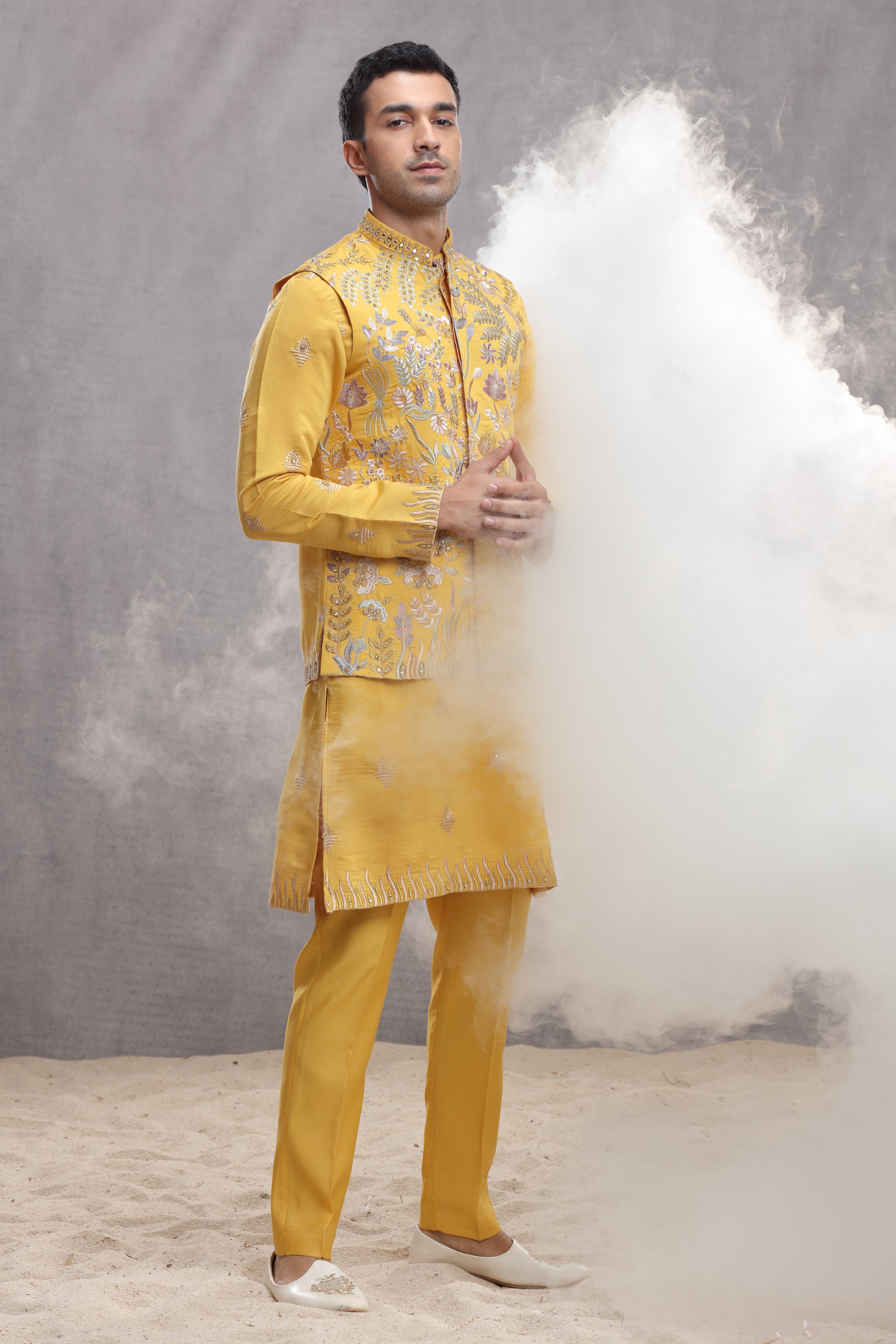 Yellow Silk Koti & Kurta with Floral Thread Work