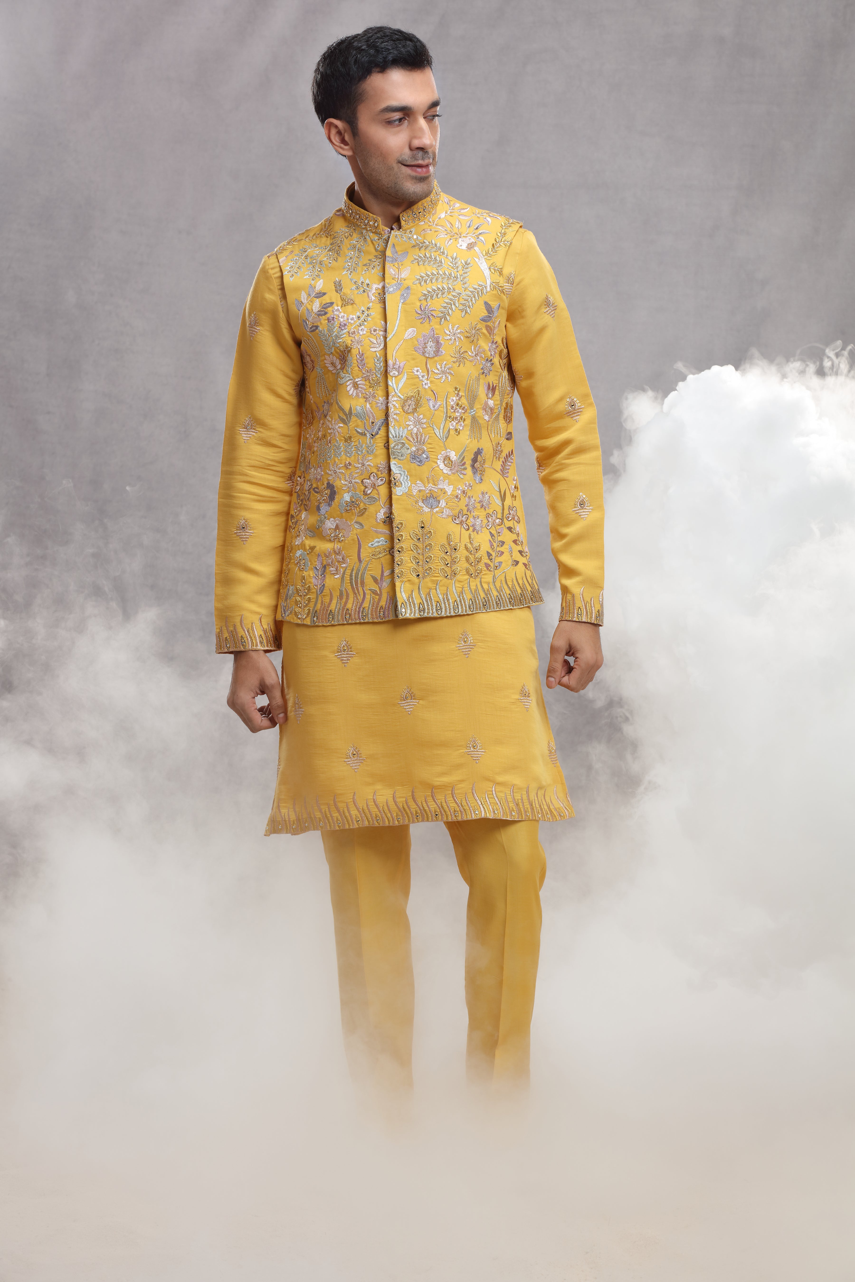 Yellow Silk Koti & Kurta with Floral Thread Work