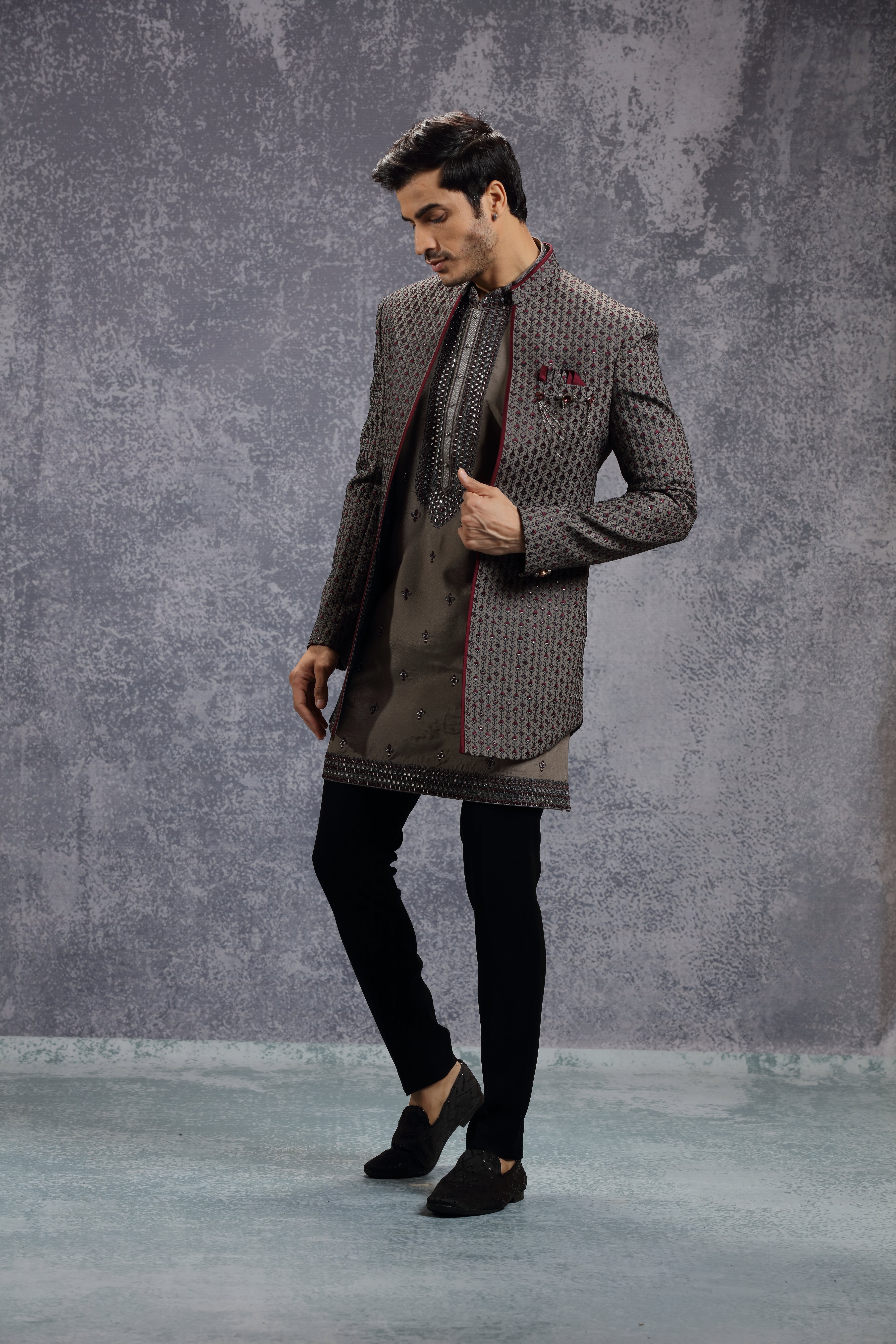 Grey Silk Indowestern With All-Over Floral Embroidery - Shreeman