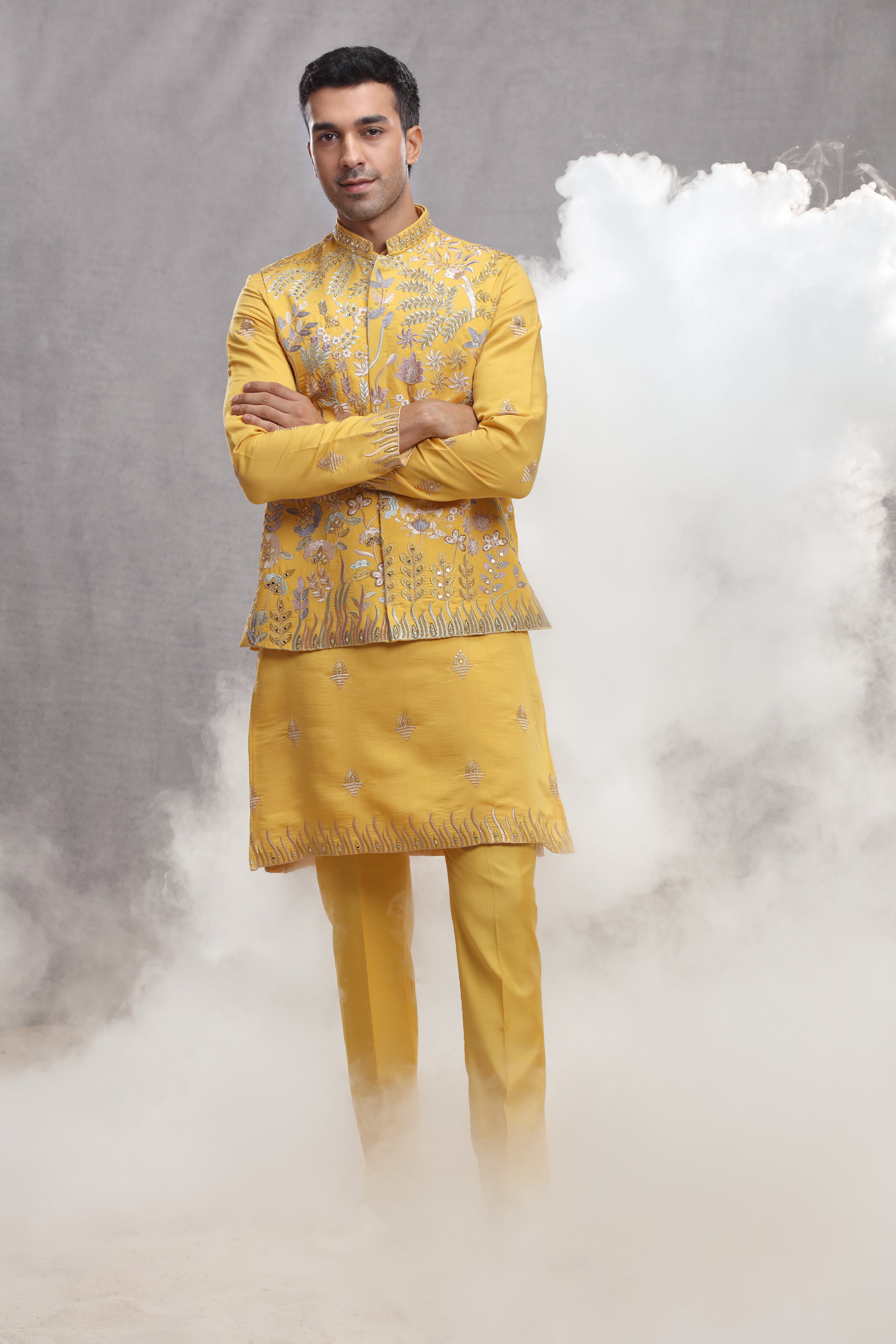 Yellow Silk Koti & Kurta with Floral Thread Work