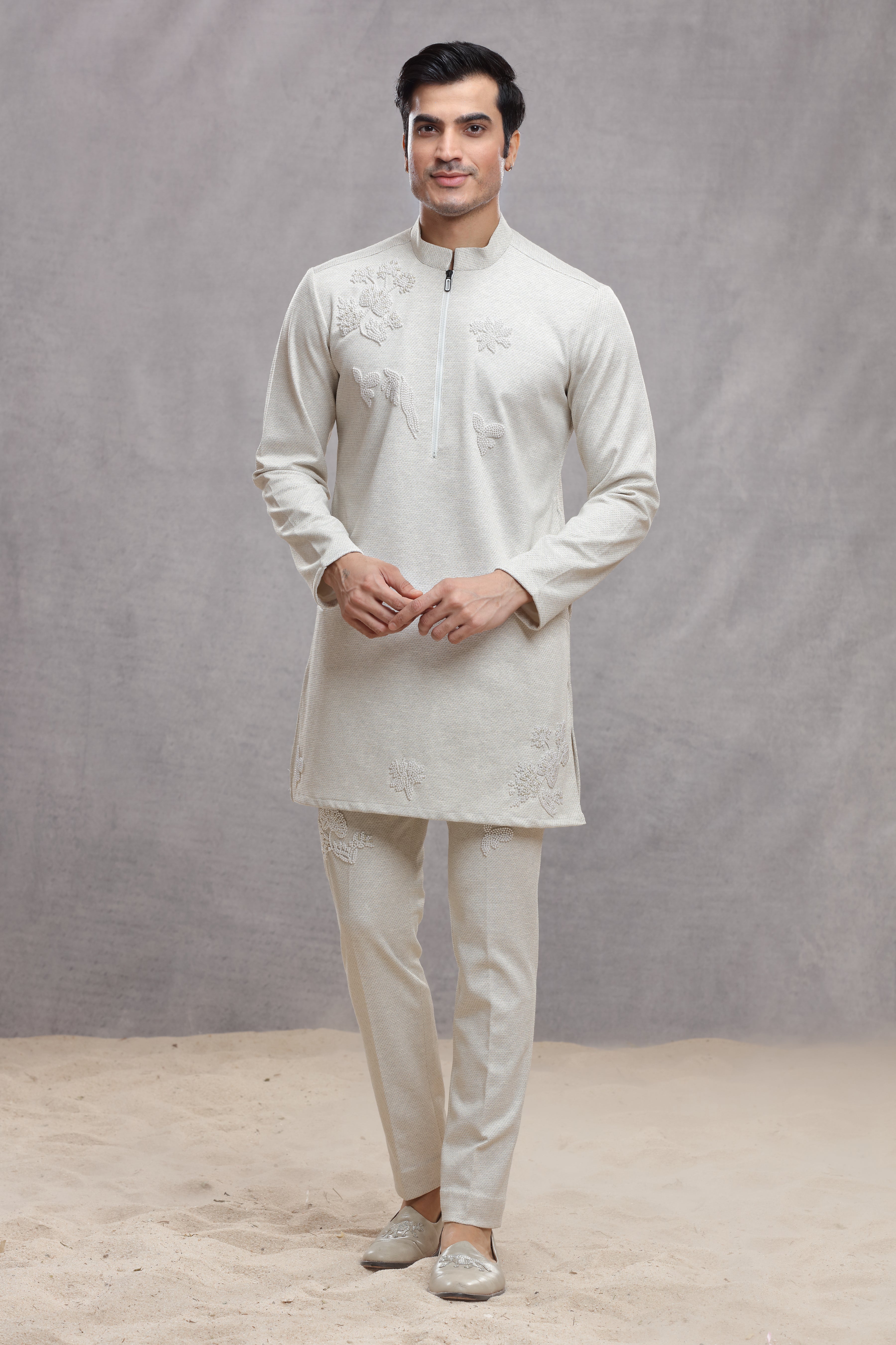 Ivory Matka Silk Indo Western Kurta with Bead Work