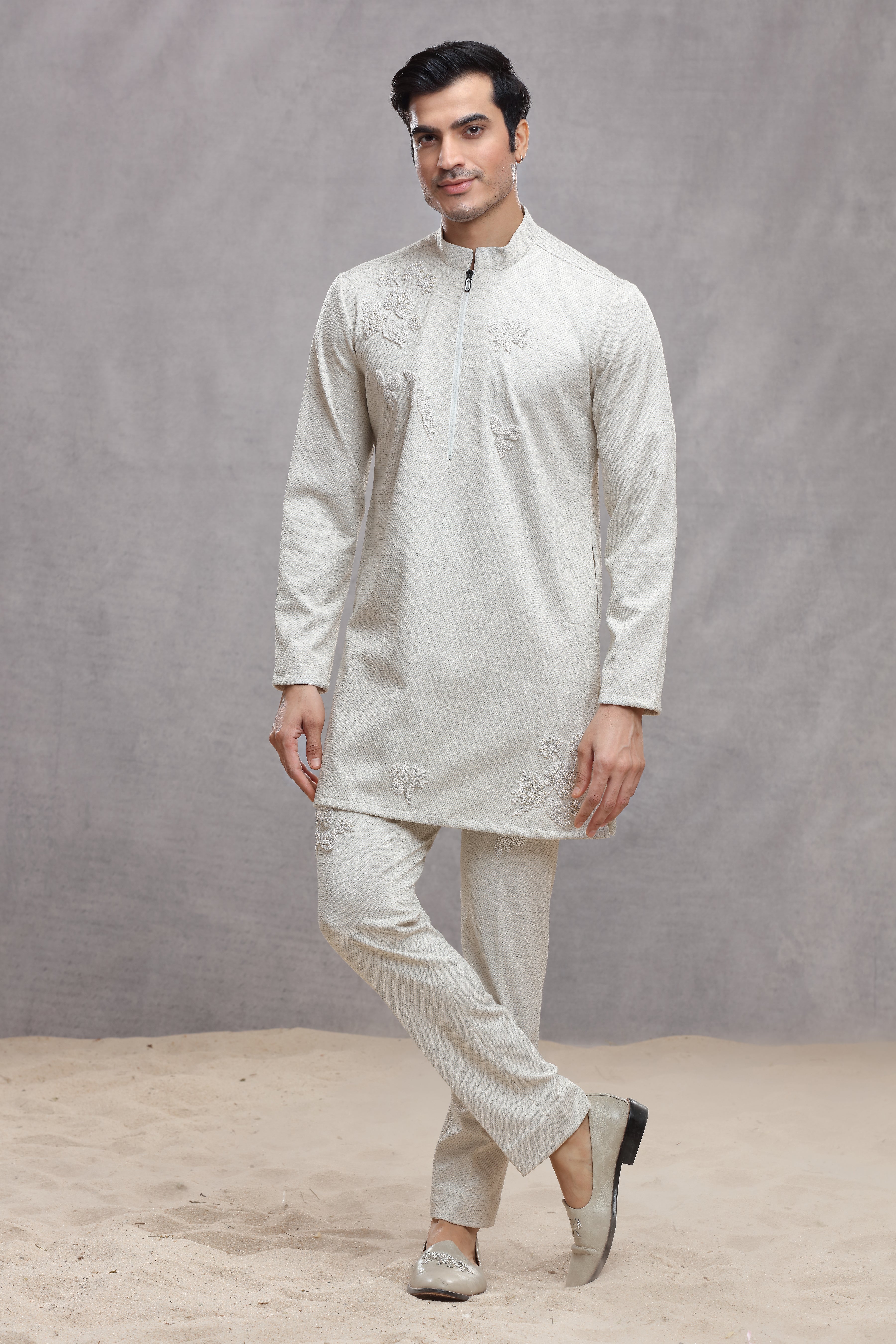 Ivory Matka Silk Indo Western Kurta with Bead Work