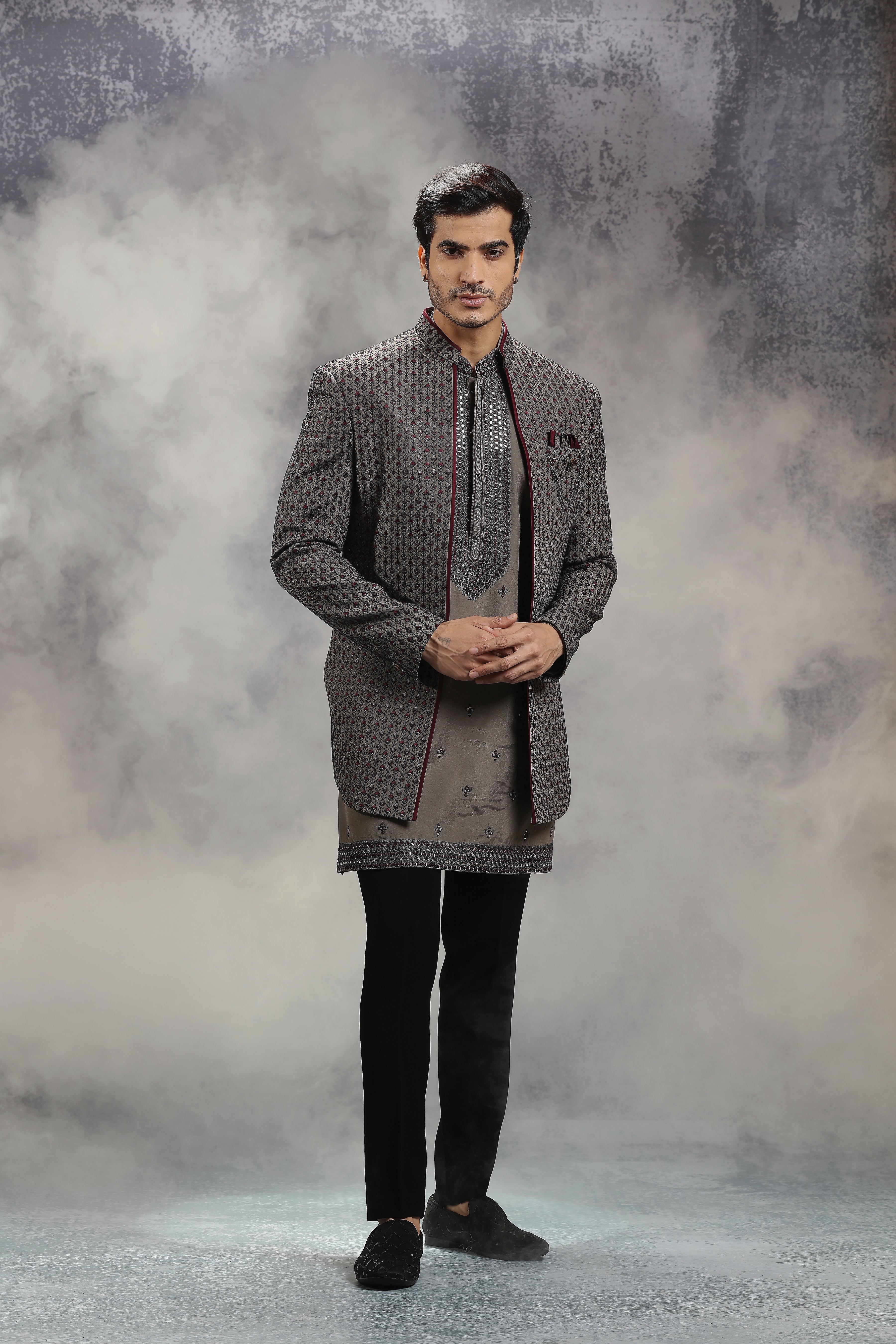 Grey Silk Indowestern With All-Over Floral Embroidery - Shreeman