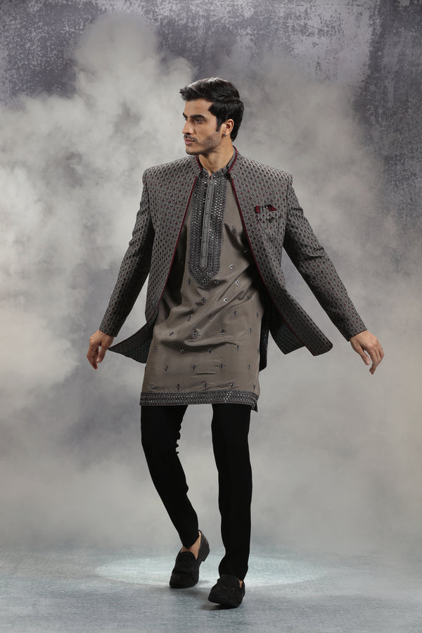 Grey Silk Indowestern With All-Over Floral Embroidery