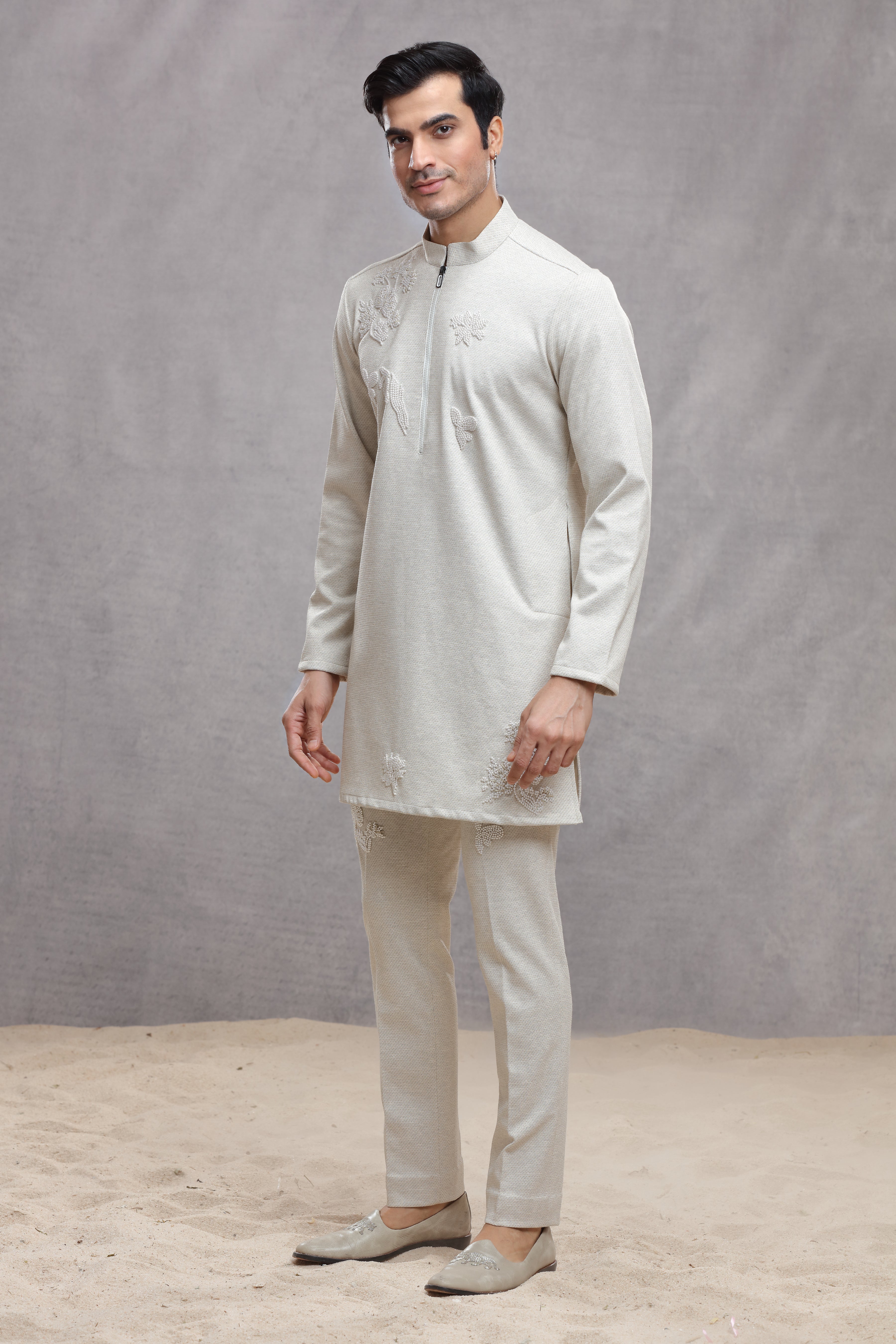 Ivory Matka Silk Indo Western Kurta with Bead Work