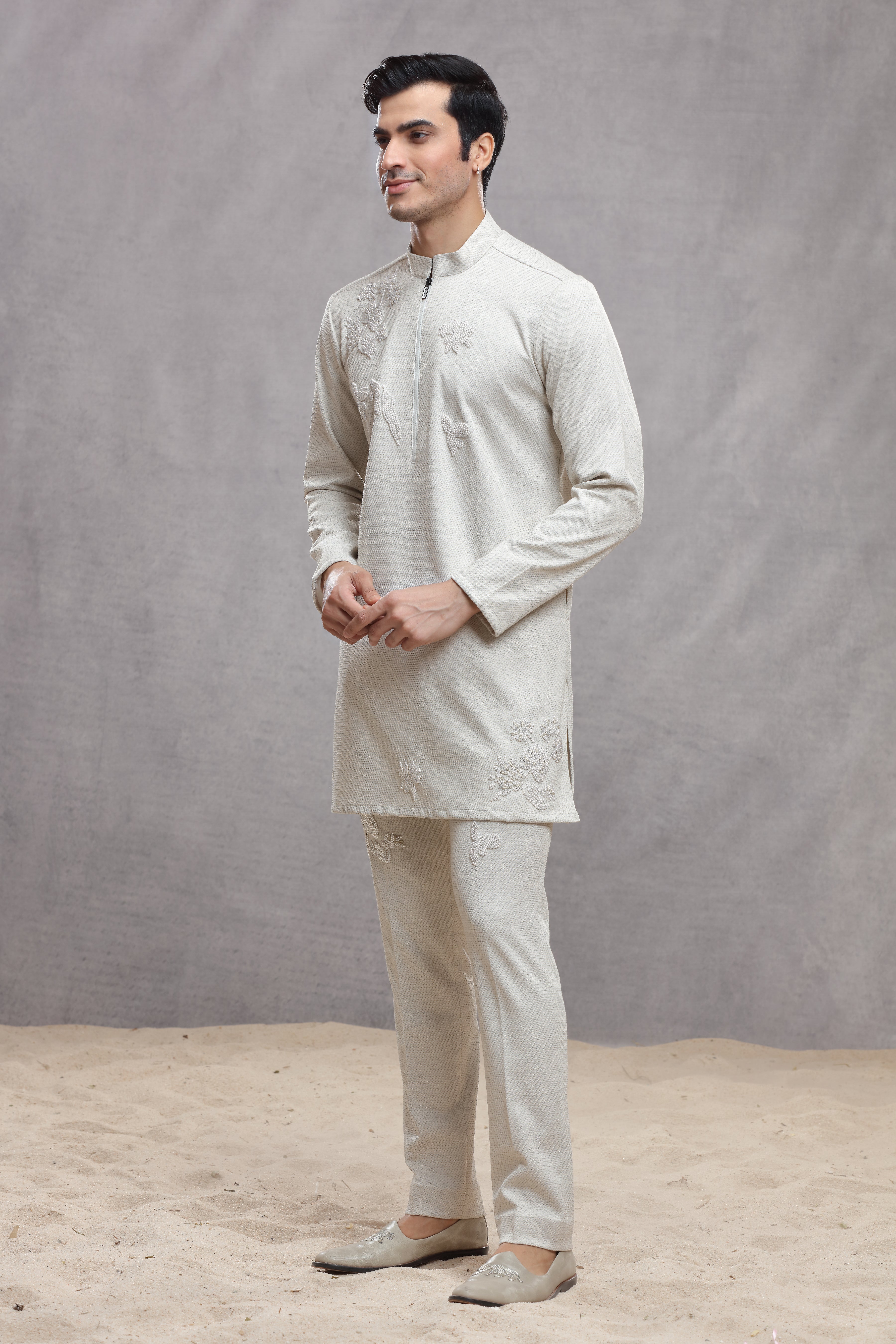 Ivory Matka Silk Indo Western Kurta with Bead Work