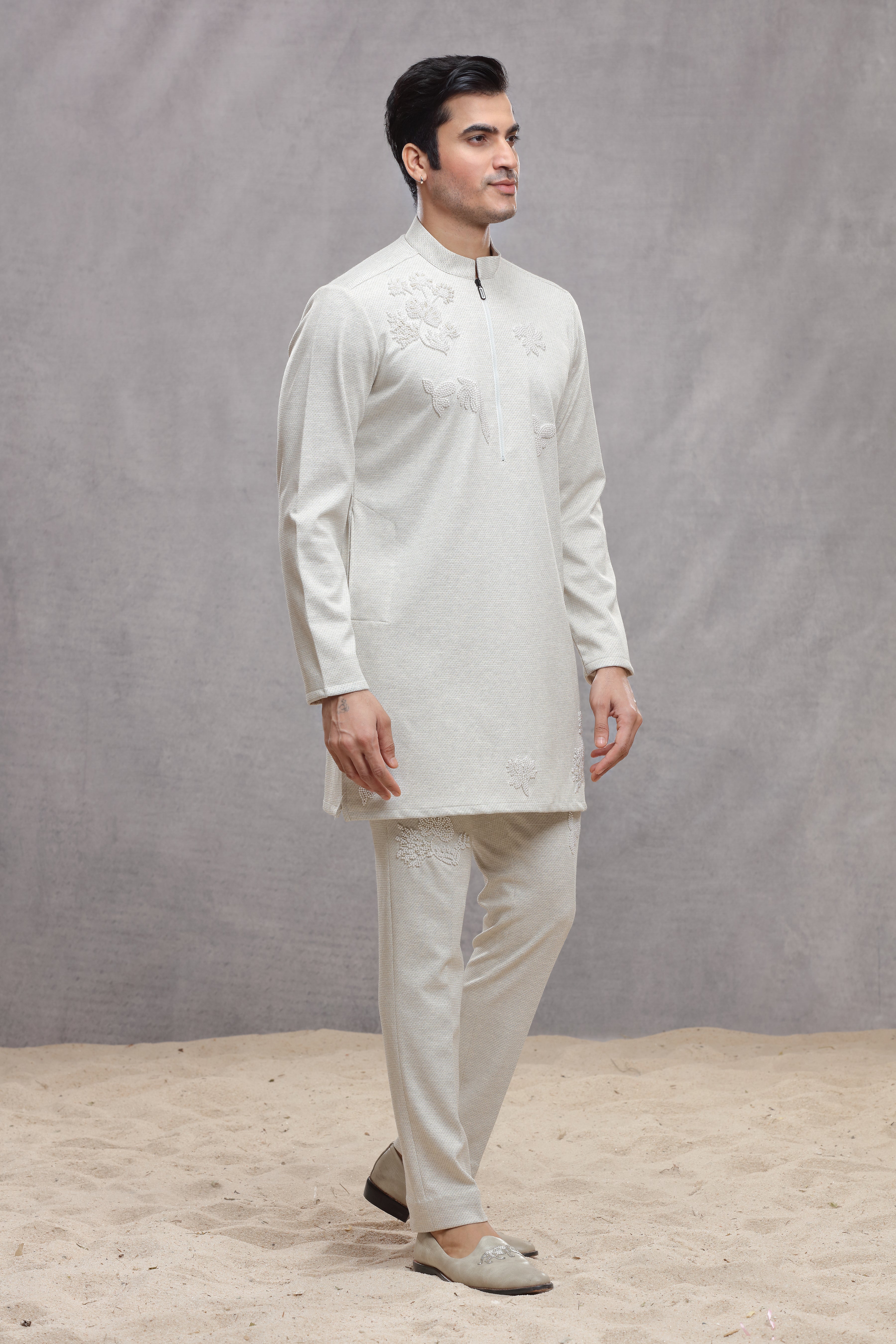 Ivory Matka Silk Indo Western Kurta with Bead Work