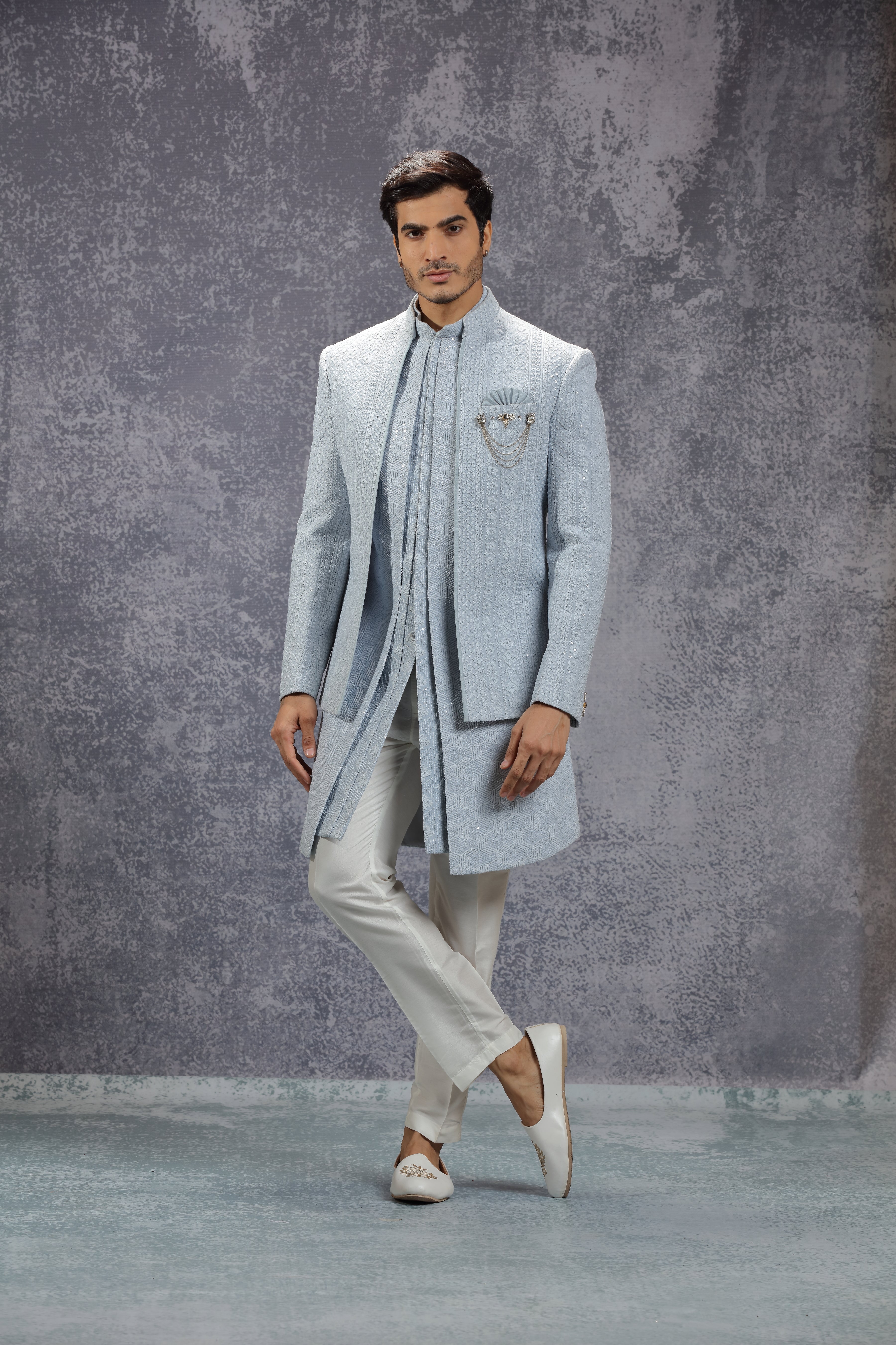 grey indo western dress Light Grey Sequins Embroidered Tissue Indo-Western Gown Rim Zim Fashion