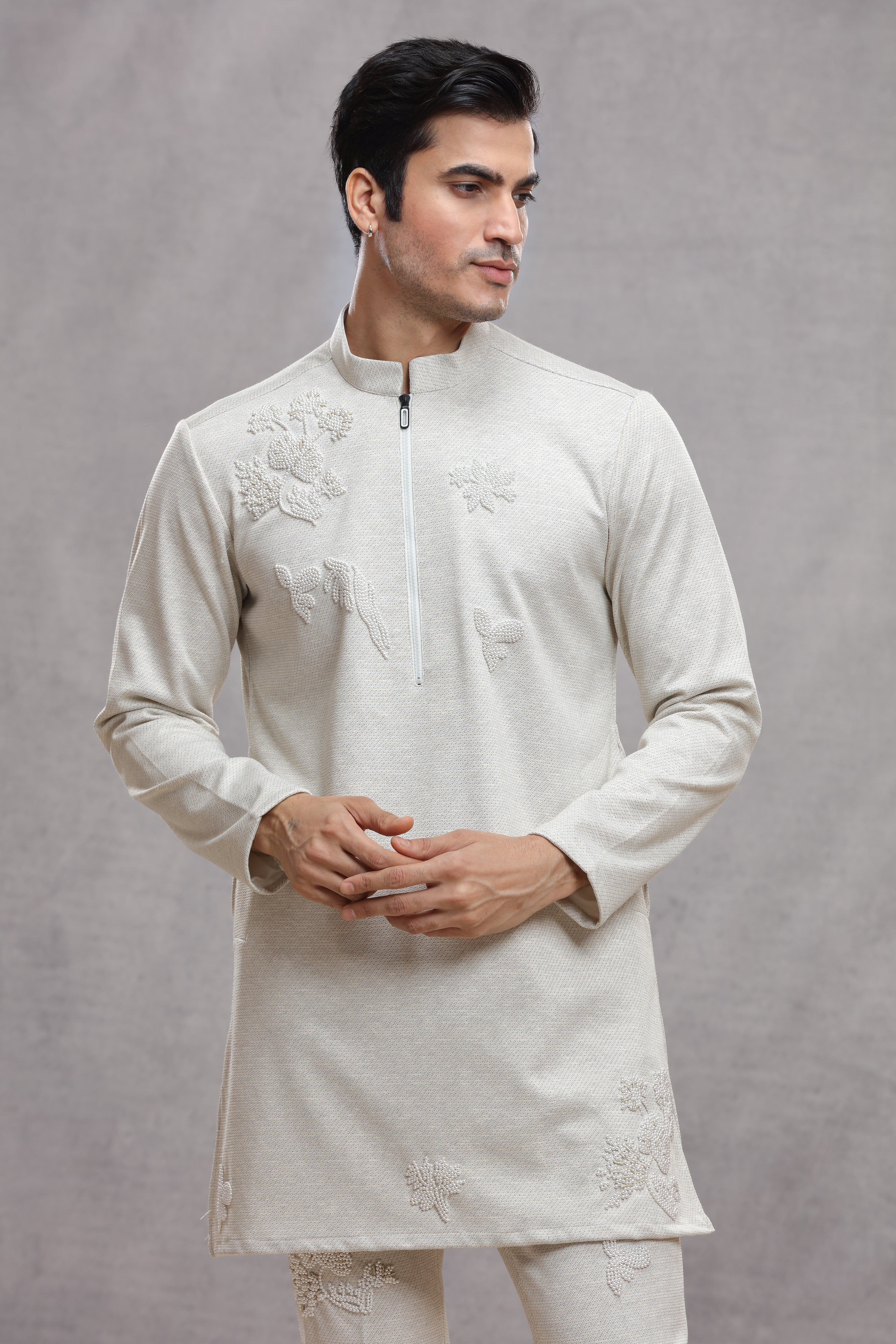 Ivory Matka Silk Indo Western Kurta with Bead Work