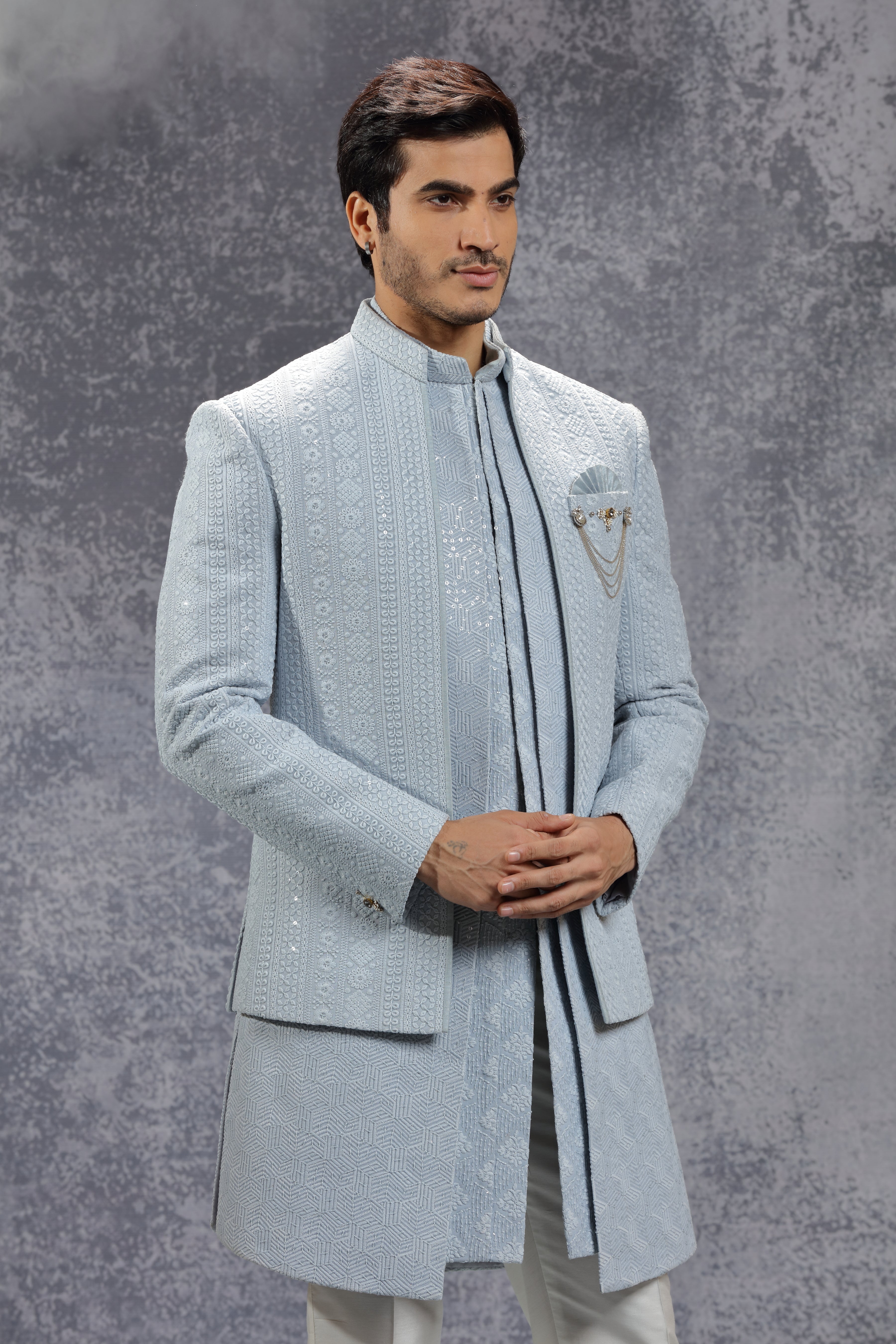 Ice Grey Silk Indowestern With Resham & Sequins - Shreeman