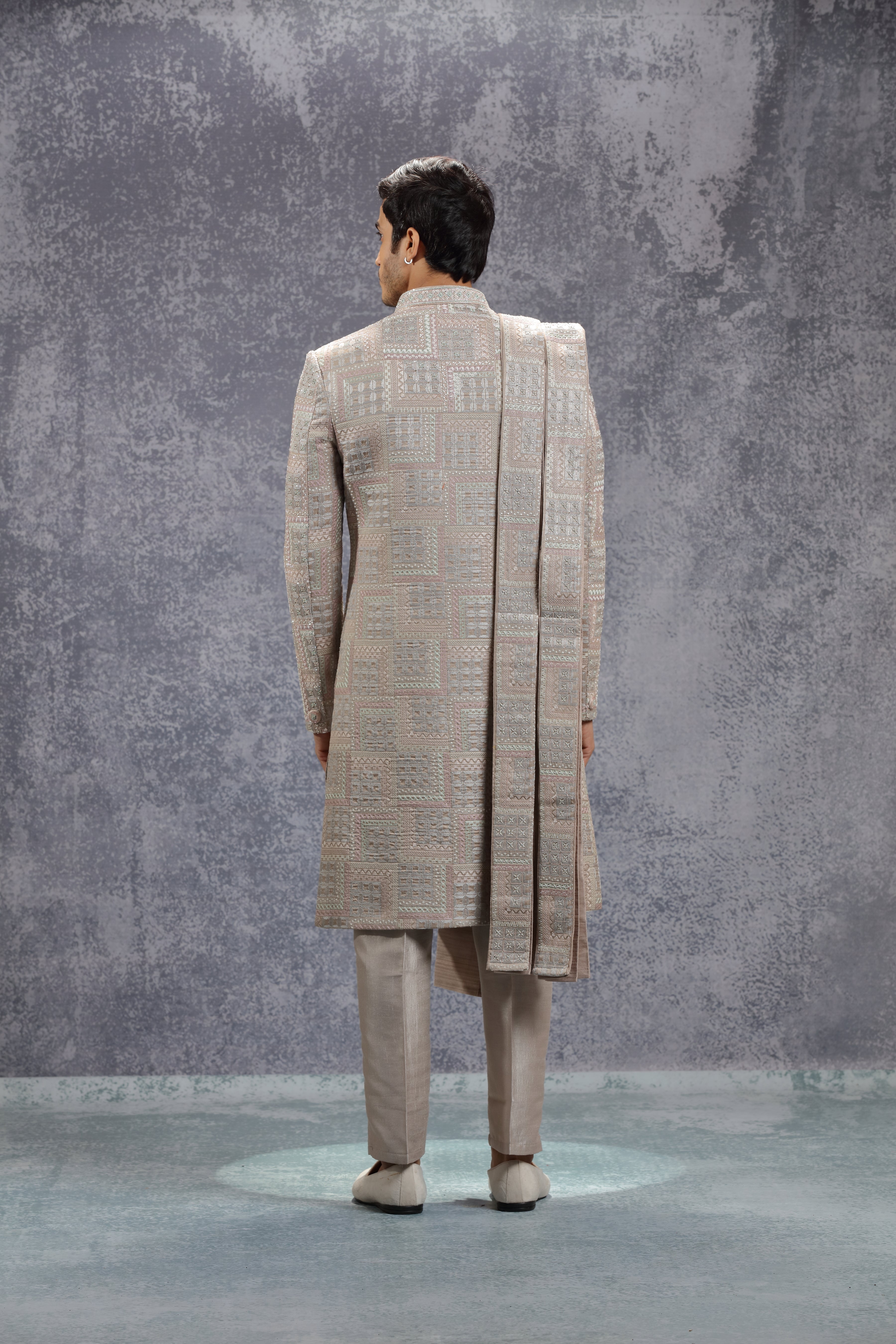 Pastel Peach Silk Sherwani Set With Geometric Motifs - Shreeman