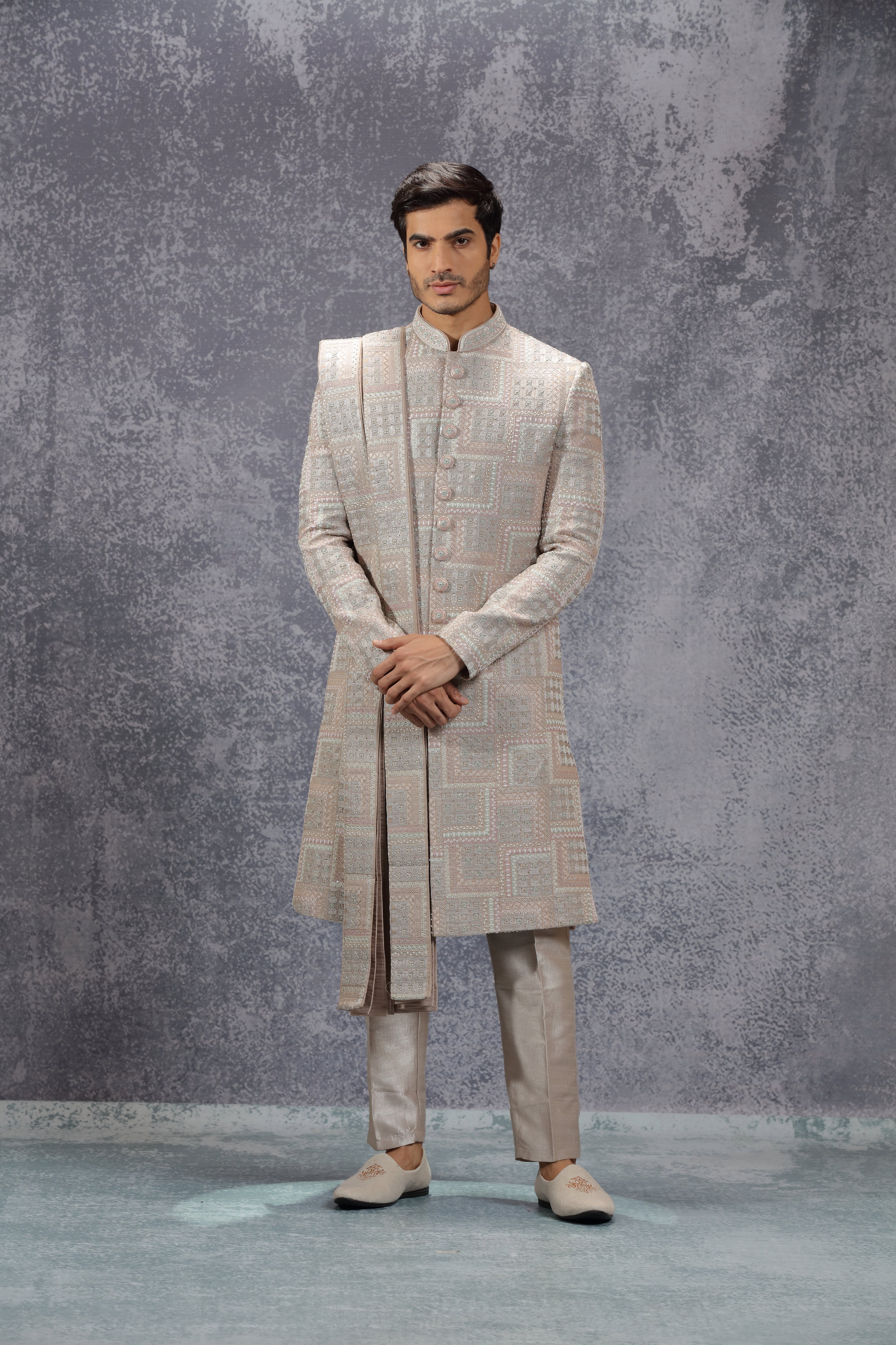 Pastel Peach Silk Sherwani Set With Geometric Motifs - Shreeman