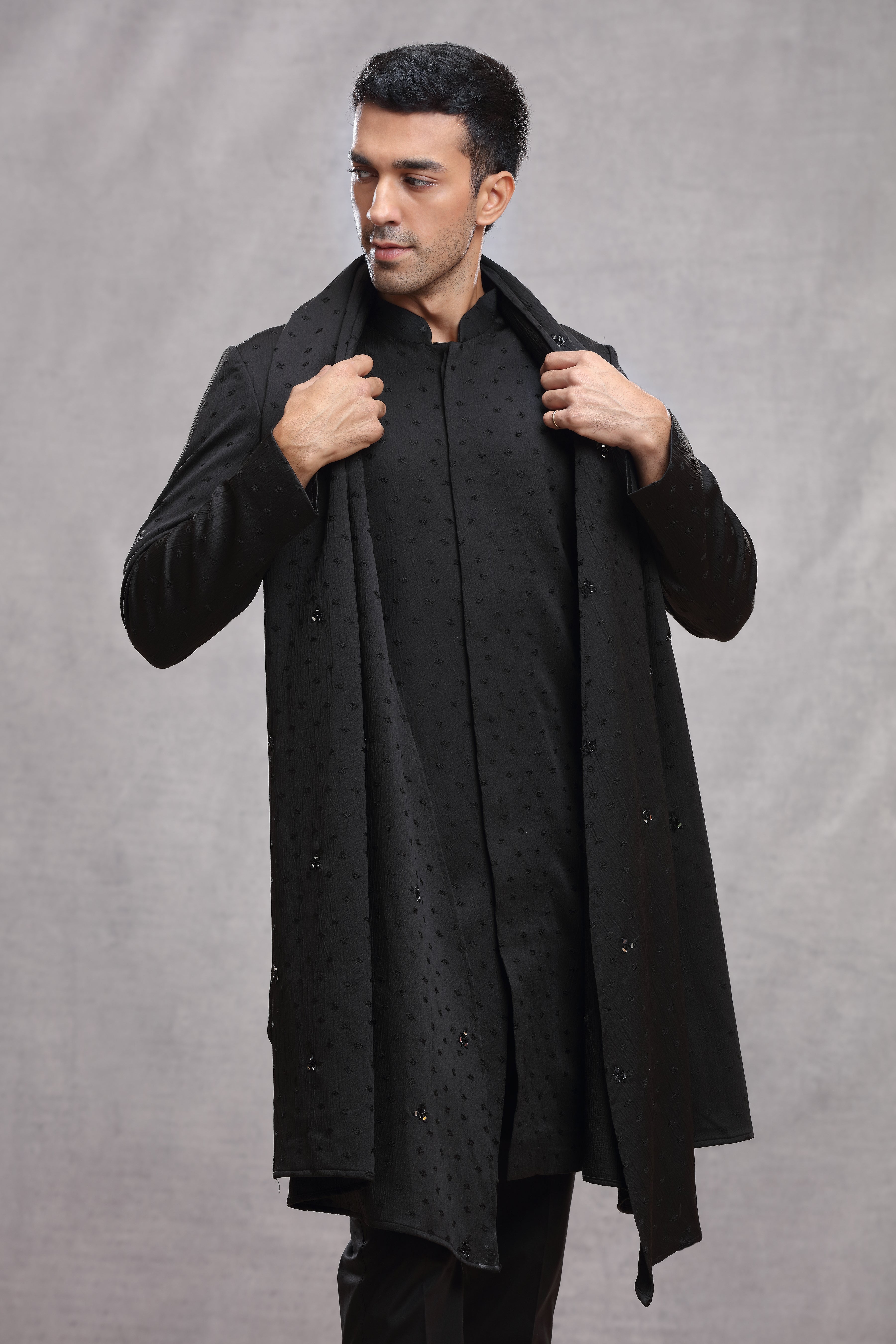 Black Italian Crepe Indo Western with Thread and Cutdana Work