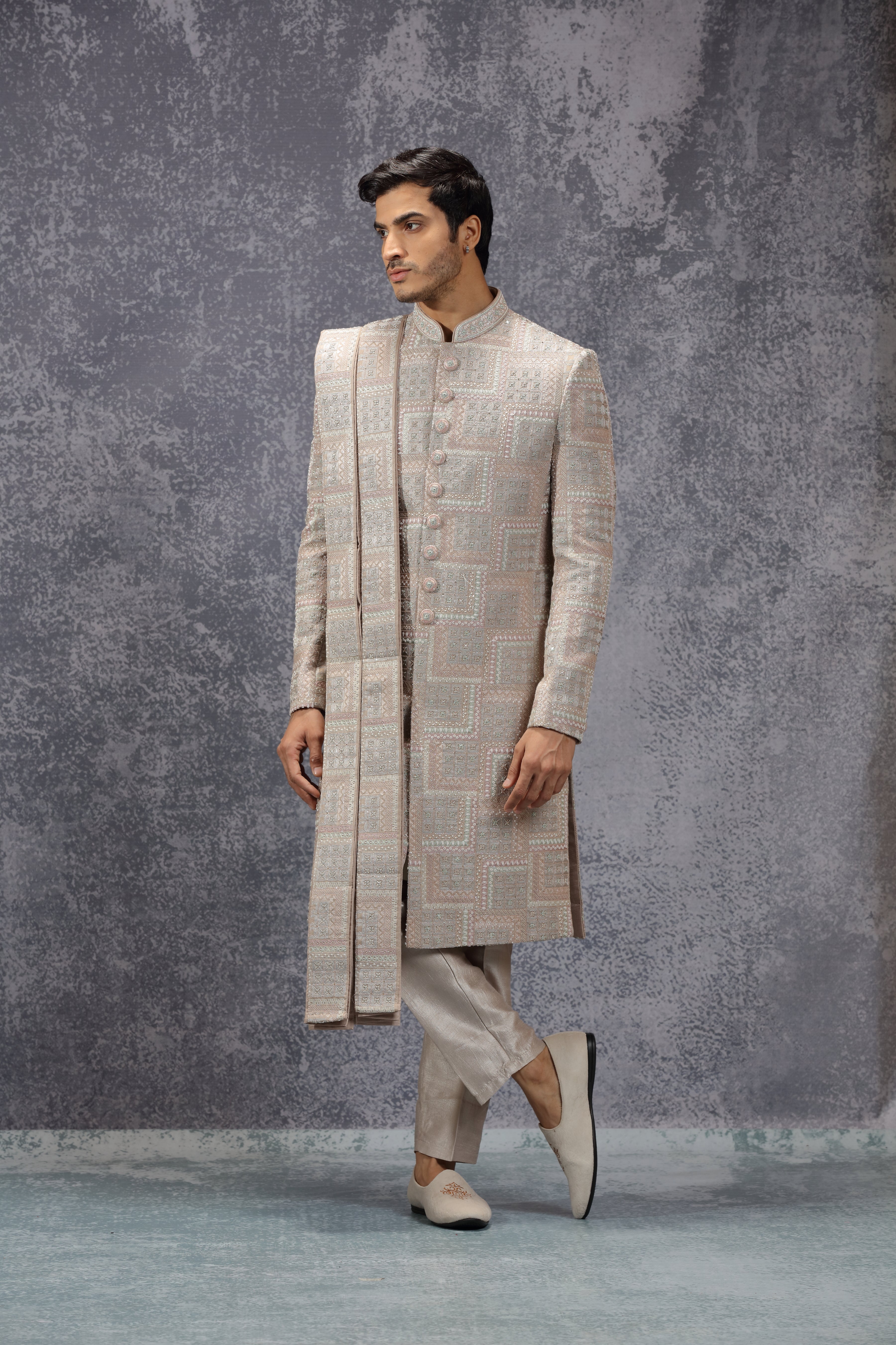 Pastel Peach Silk Sherwani Set With Geometric Motifs - Shreeman