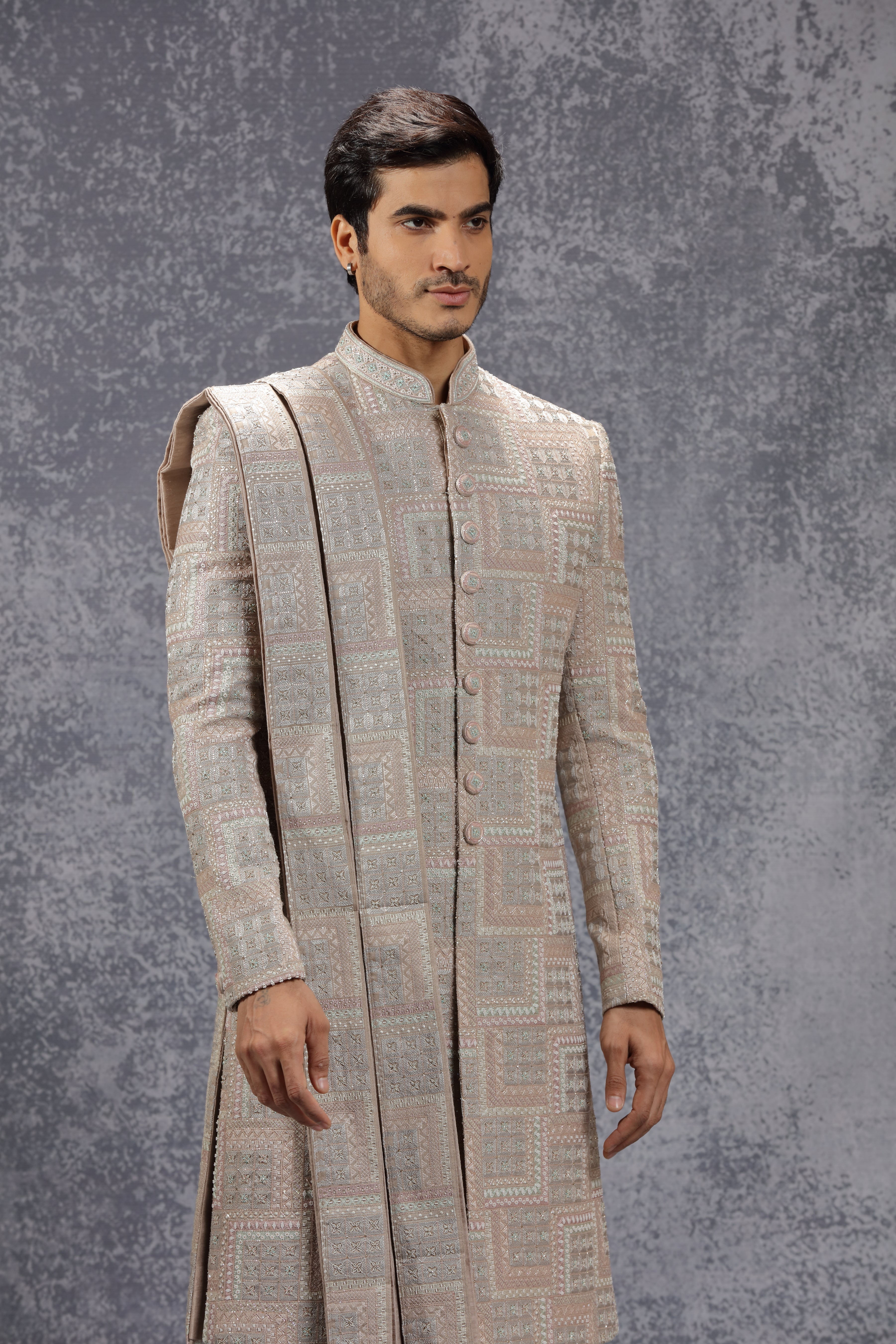 Pastel Peach Silk Sherwani Set With Geometric Motifs - Shreeman