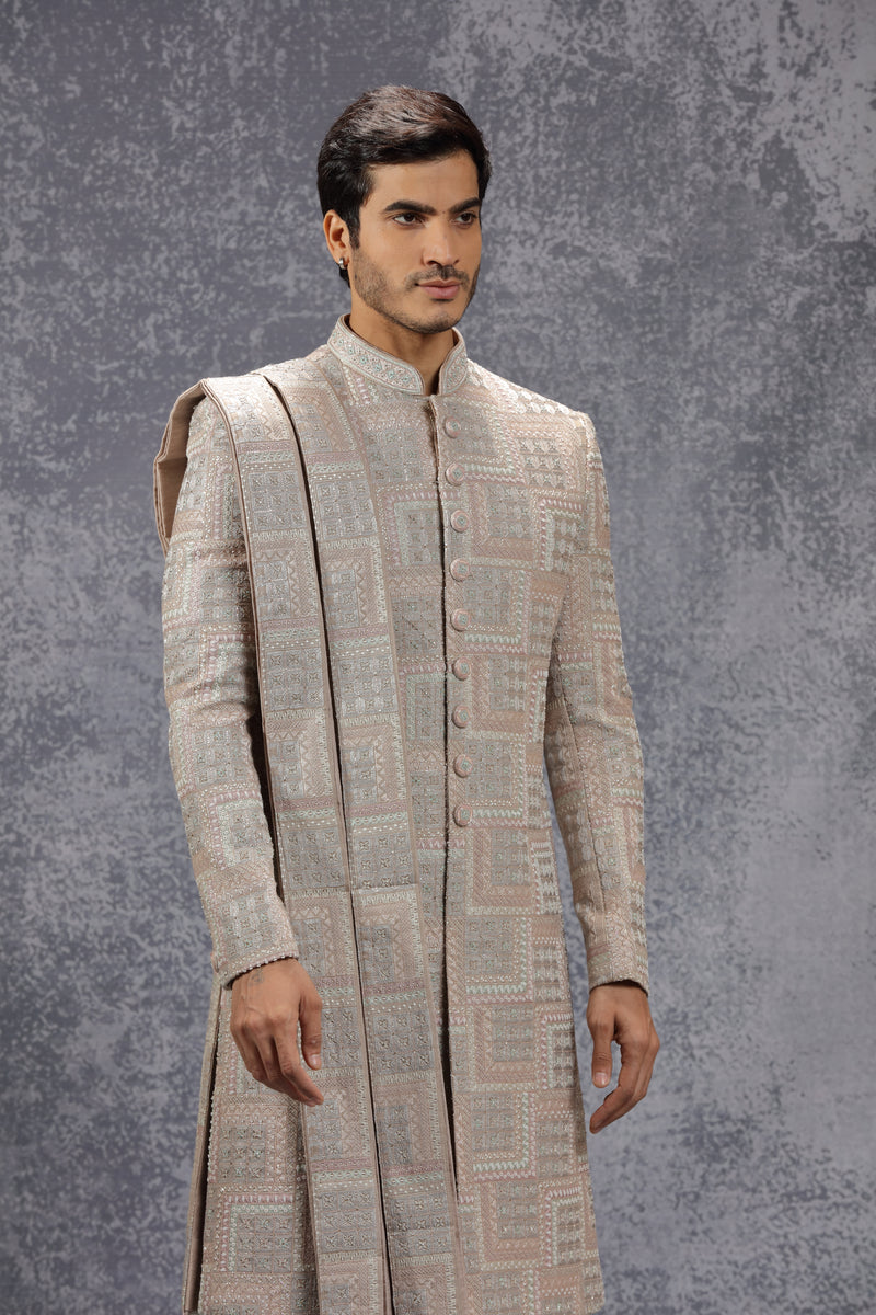 Pastel Peach Silk Sherwani Set With Geometric Motifs