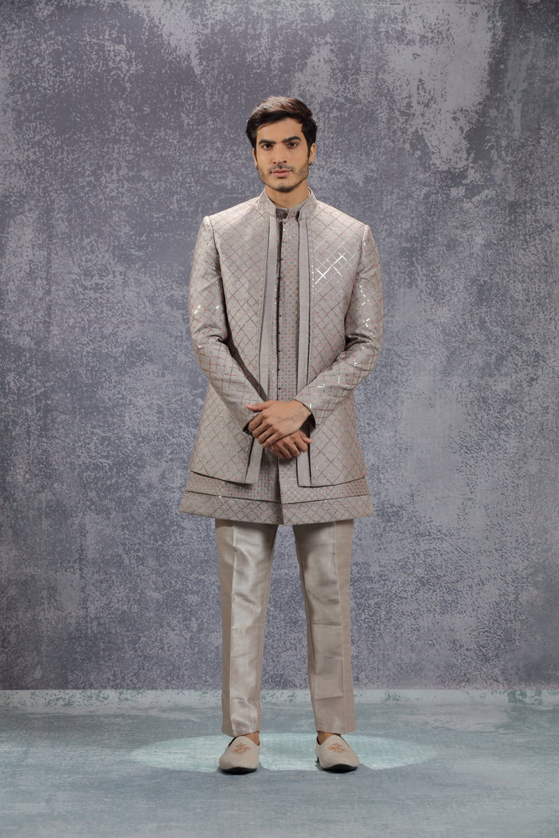 Dark Grey Silk Indowestern With Resham Embroidery
