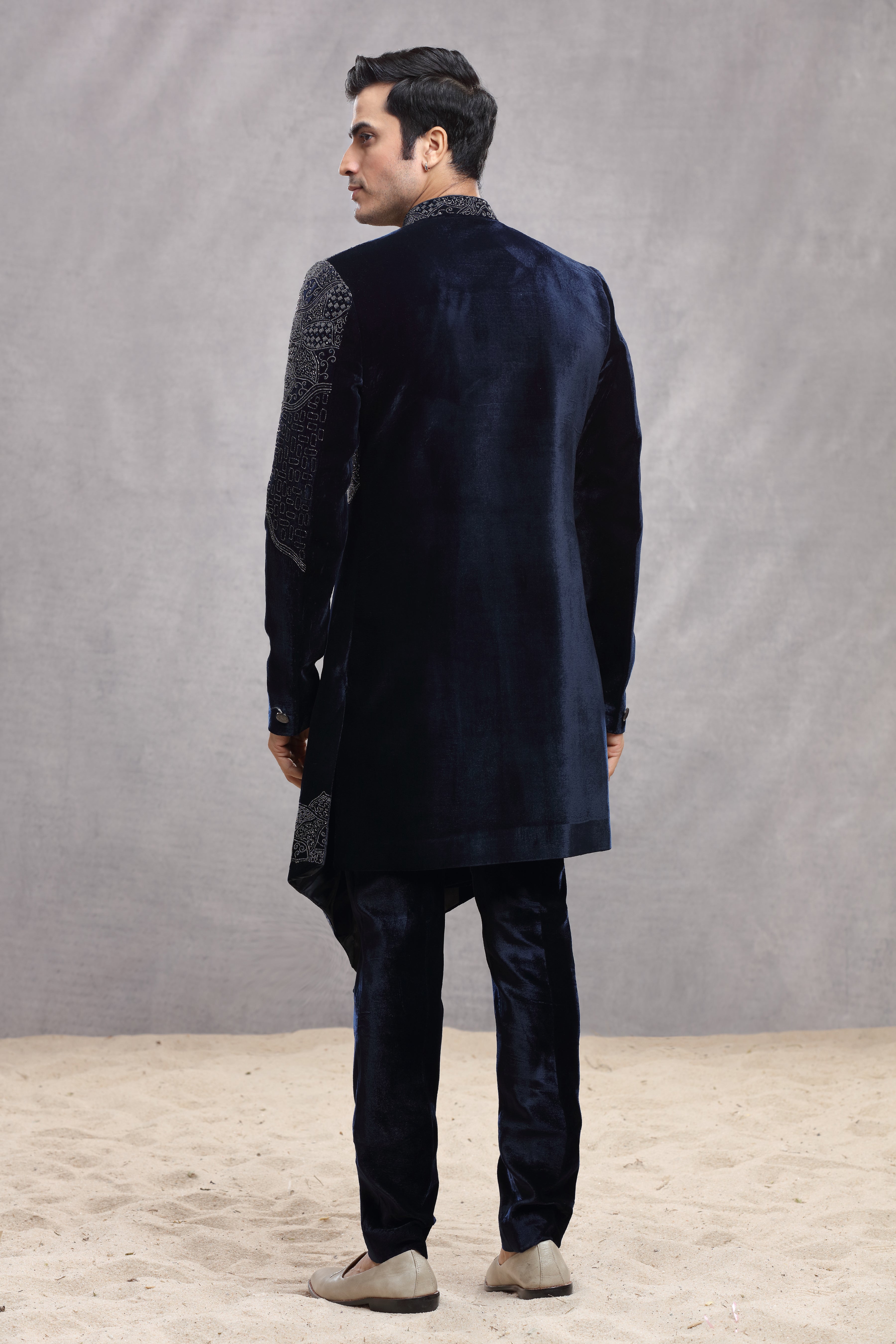 Navy Blue Velvet Indo Western with Cutdana Work