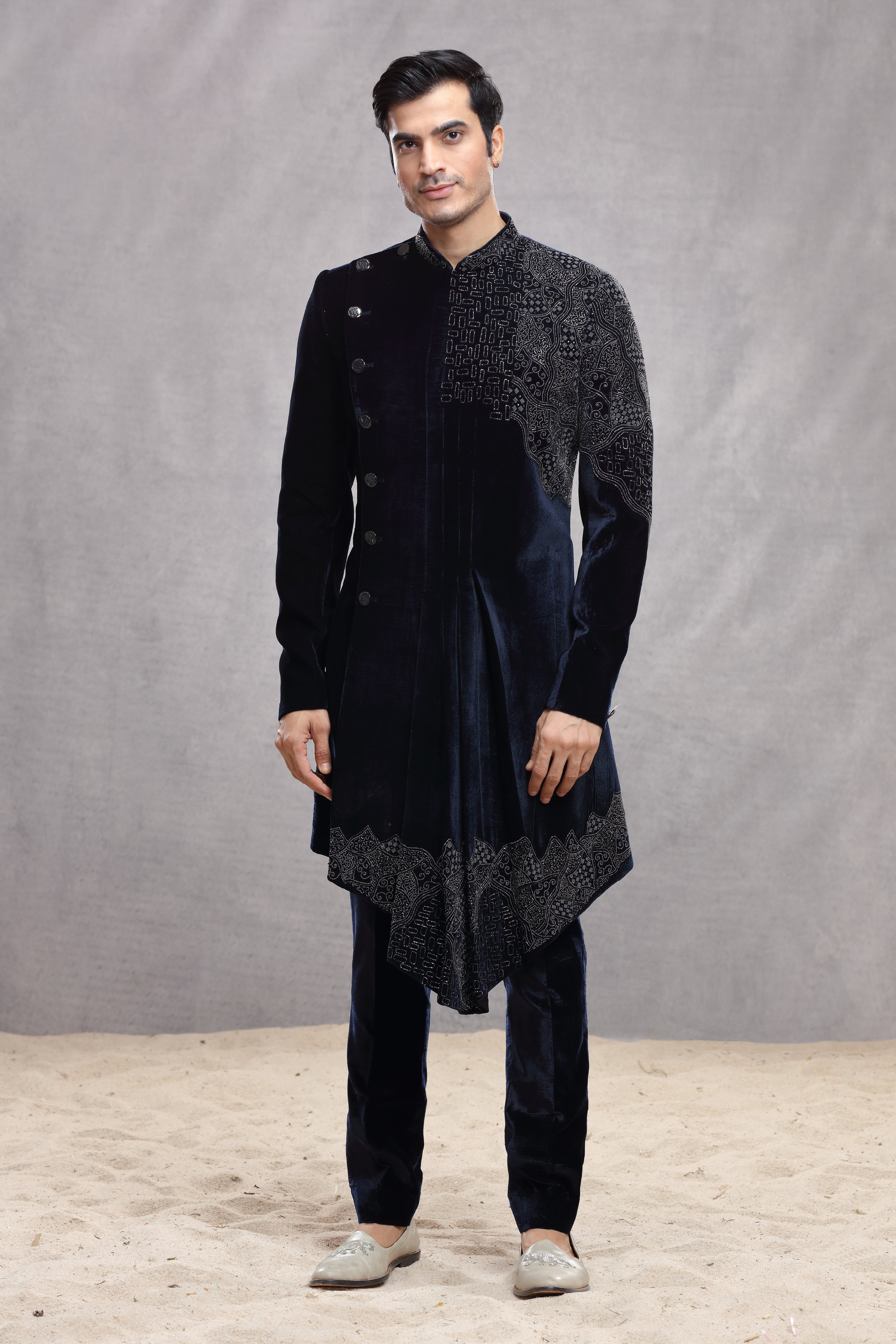 Navy Blue Velvet Indo Western with Cutdana Work