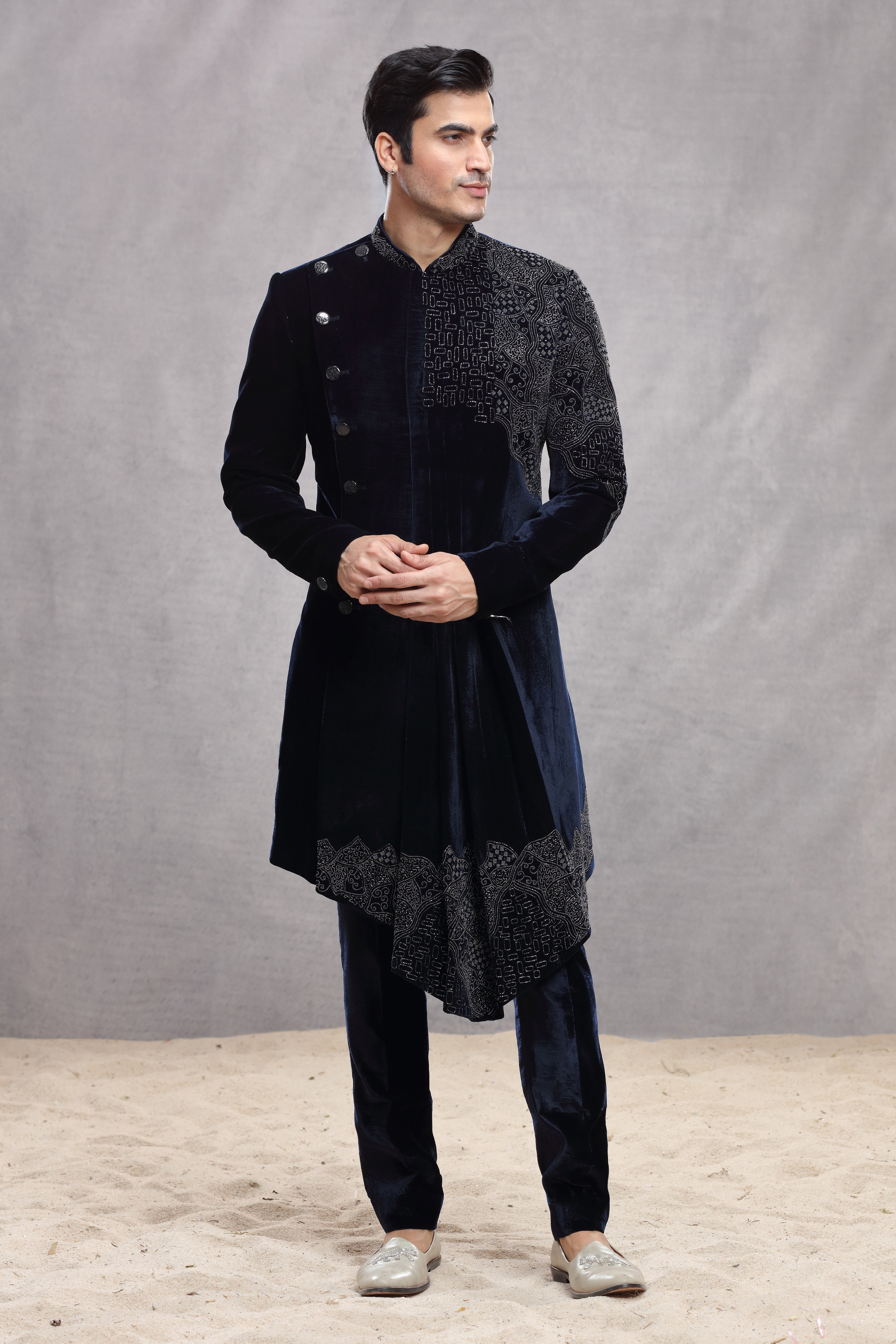 Navy Blue Velvet Indo Western with Cutdana Work