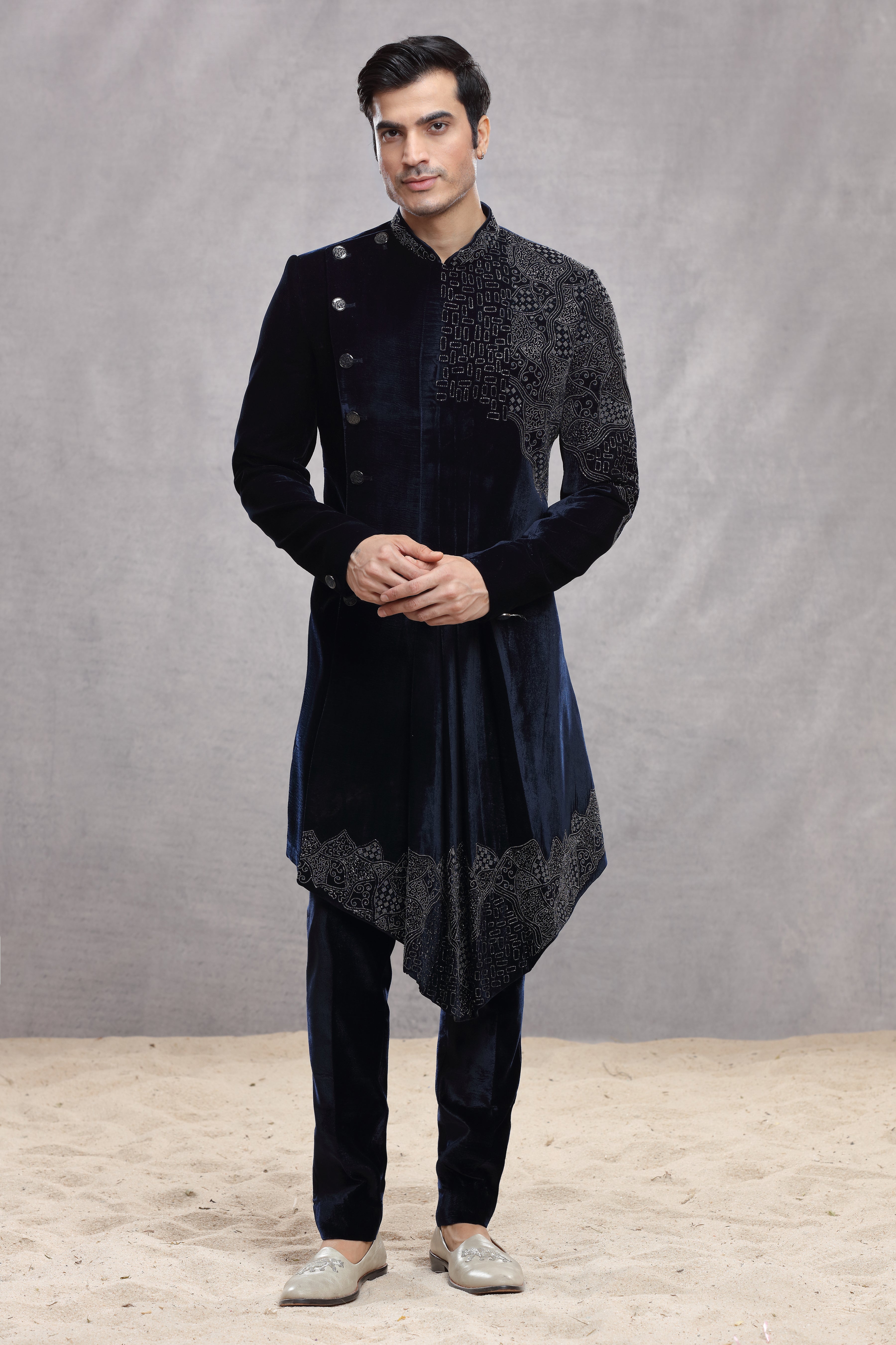 Navy Blue Velvet Indo Western with Cutdana Work