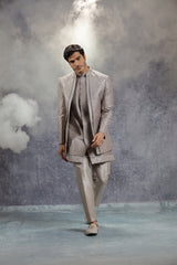Dark Grey Silk Indowestern With Resham Embroidery