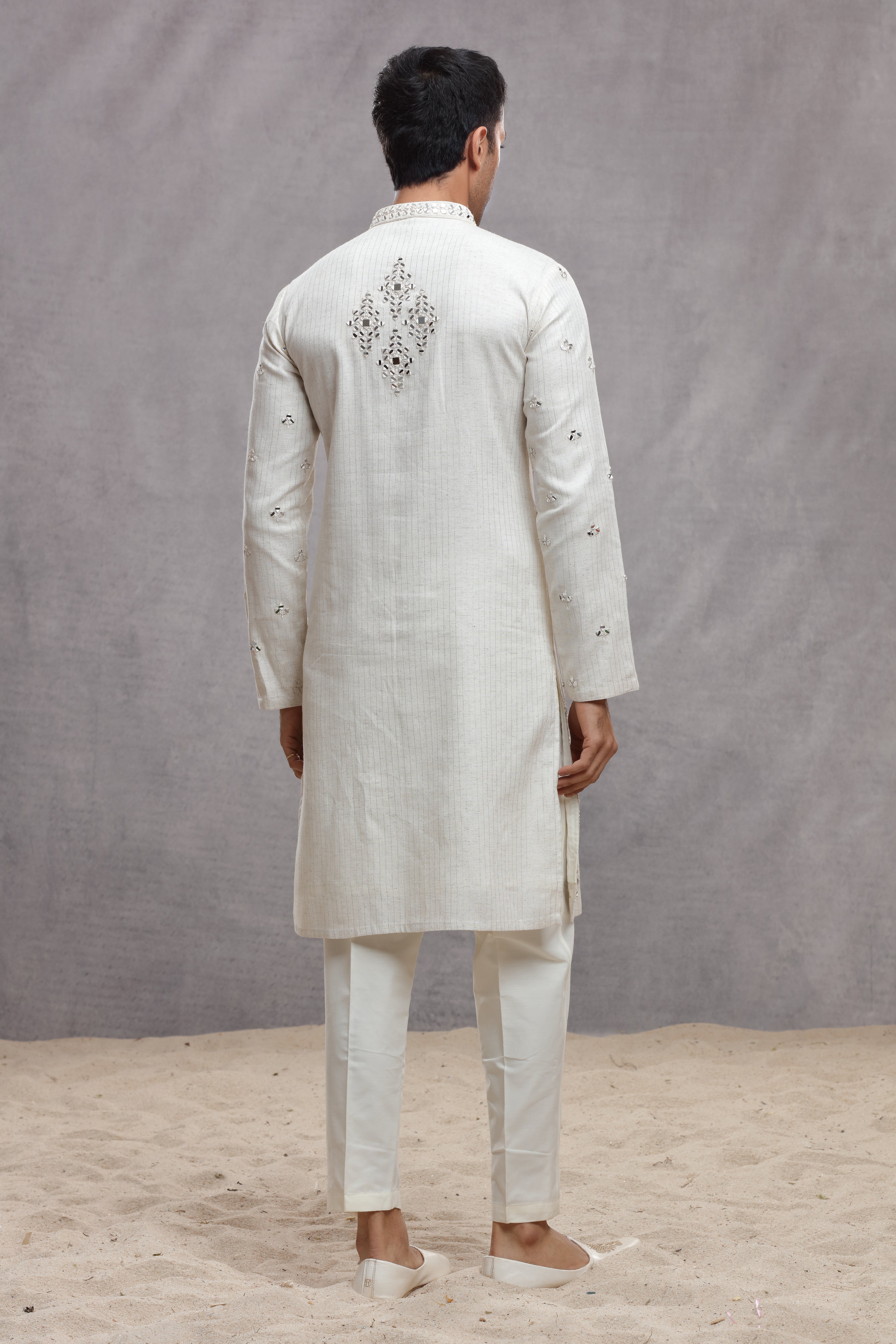 Ivory Chanderi Silk Kurta with Mirror Work